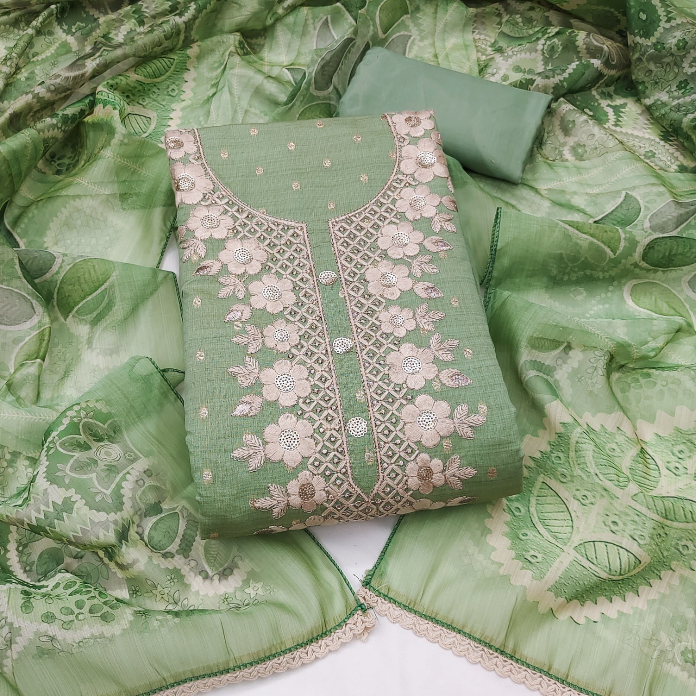 Green Floral Hand Work Modal Cotton Salwar Suit