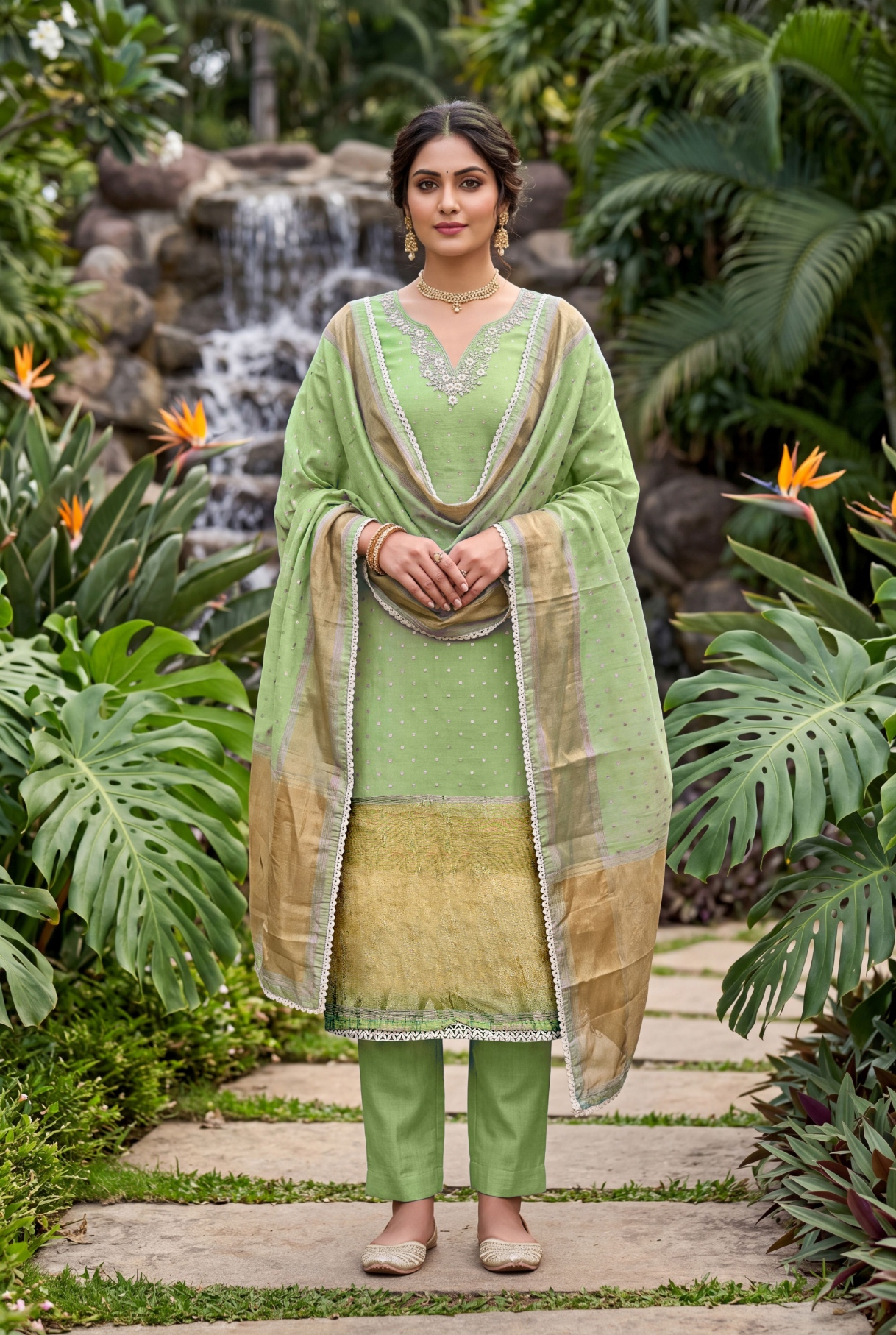 Green Floral Handwork Banarasi Cotton Straight Suit
