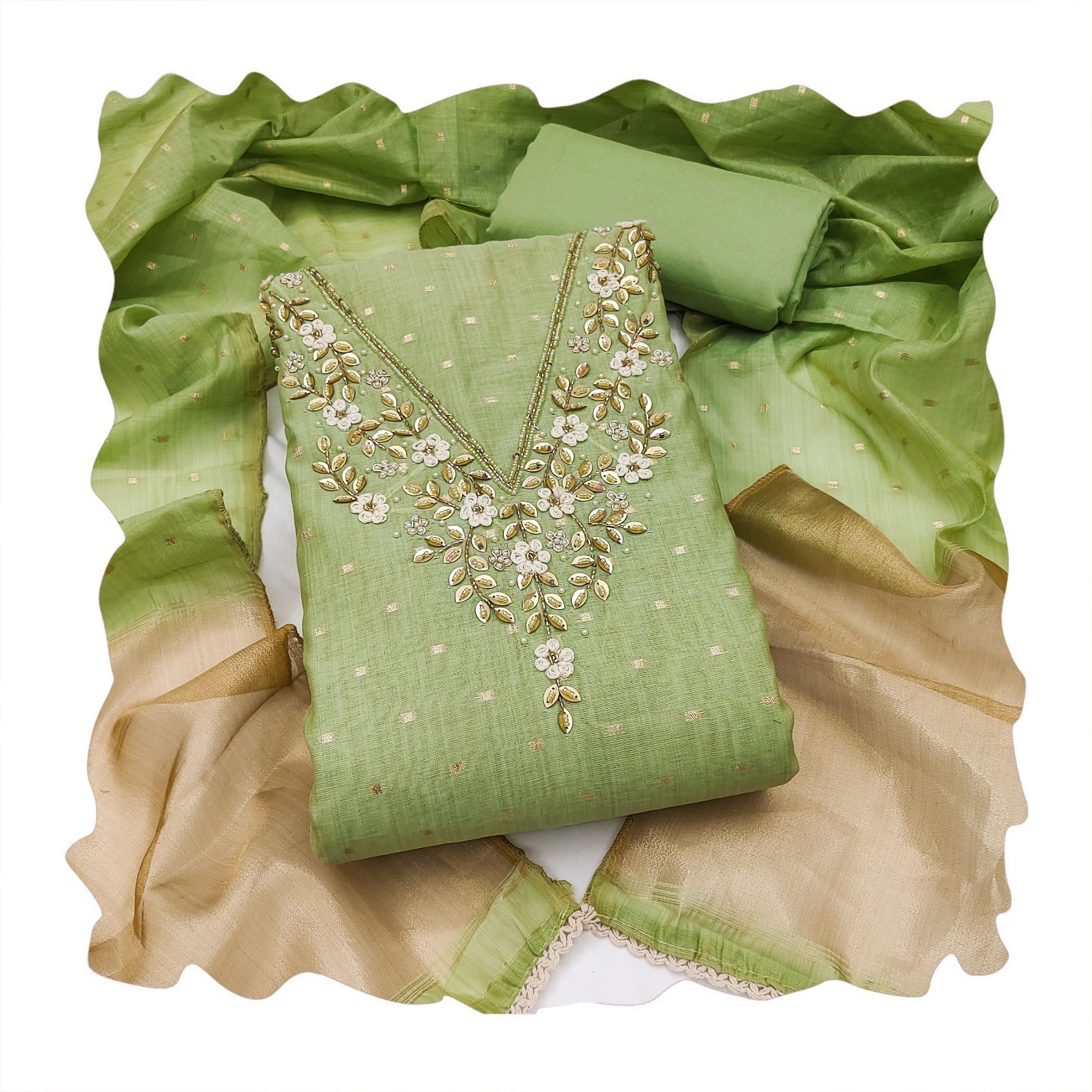 Green Floral Handwork Banarasi Cotton Straight Suit — alternate view