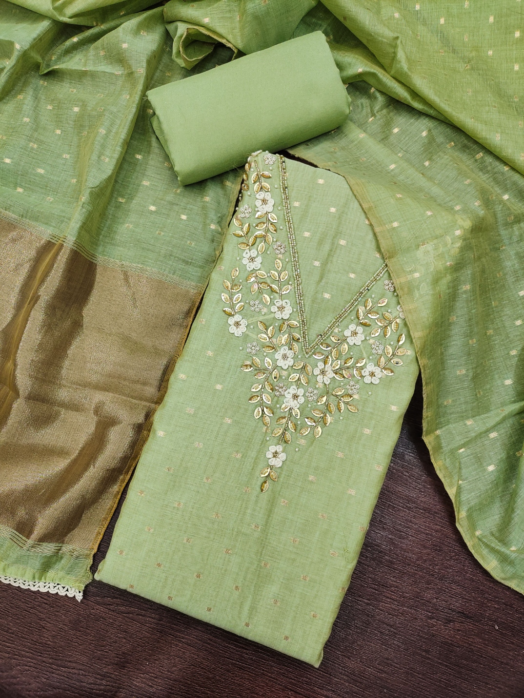 Green Floral Handwork Banarasi Cotton Straight Suit