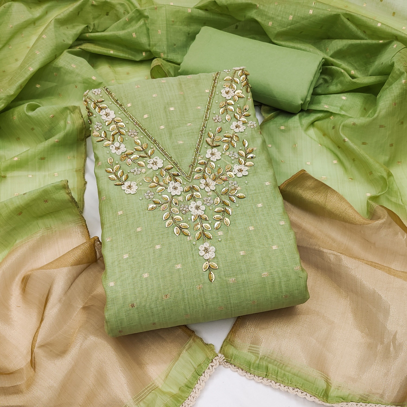 Green Floral Handwork Banarasi Cotton Straight Suit