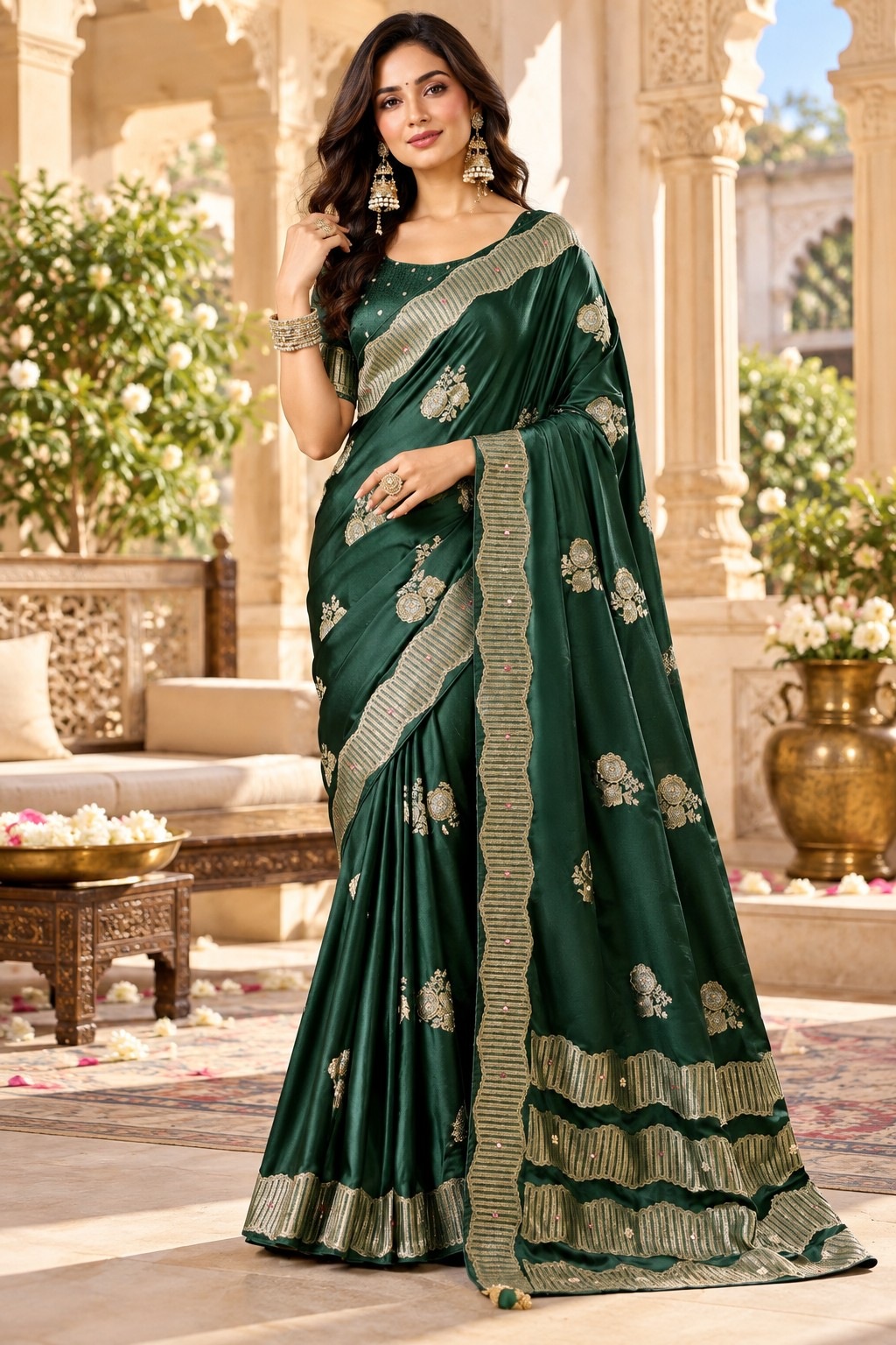 Green Floral Jacquard Satin Tissue Saree