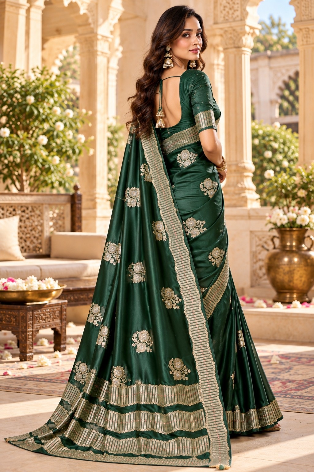 Green Floral Jacquard Satin Tissue Saree — alternate view
