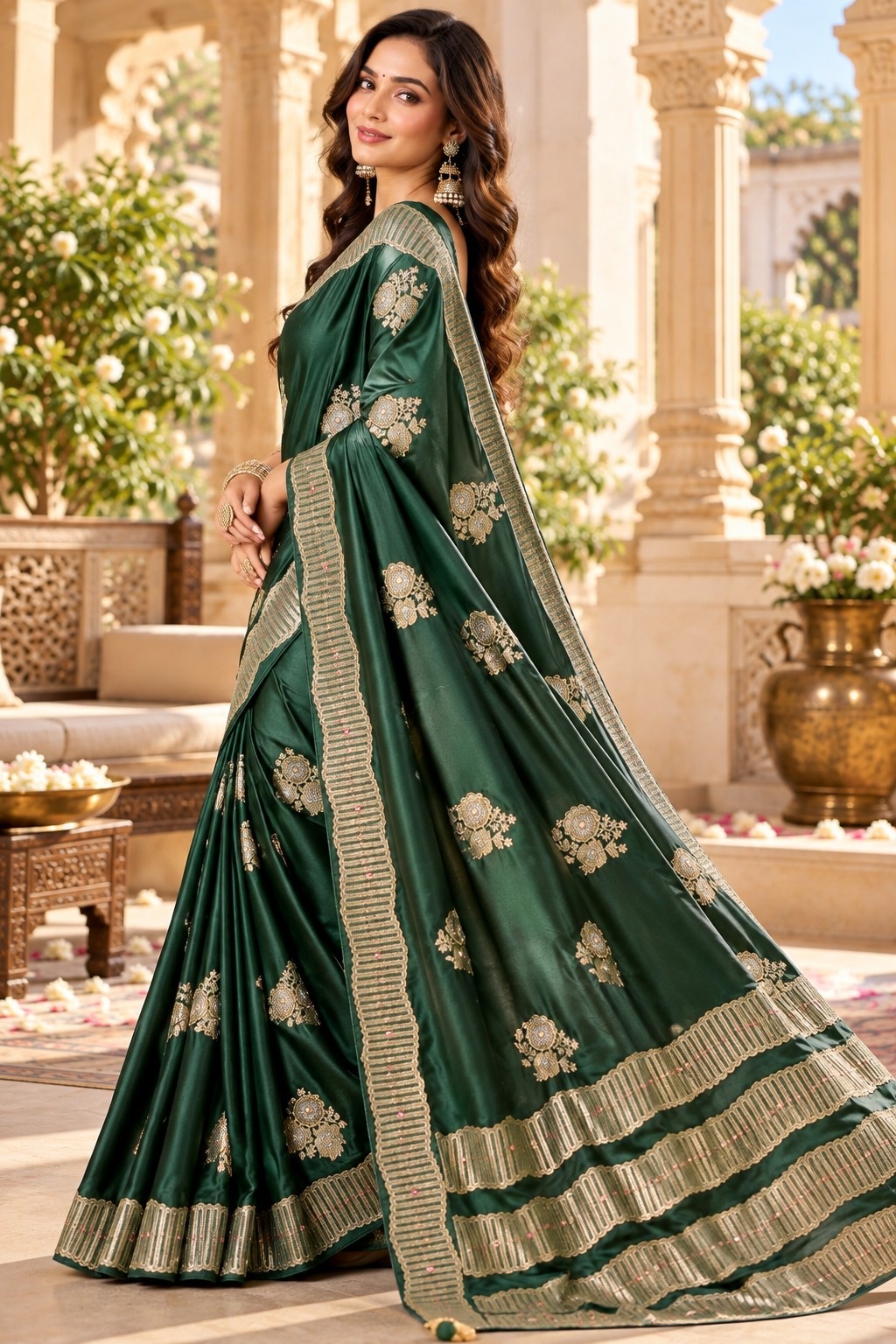 Green Floral Jacquard Satin Tissue Saree