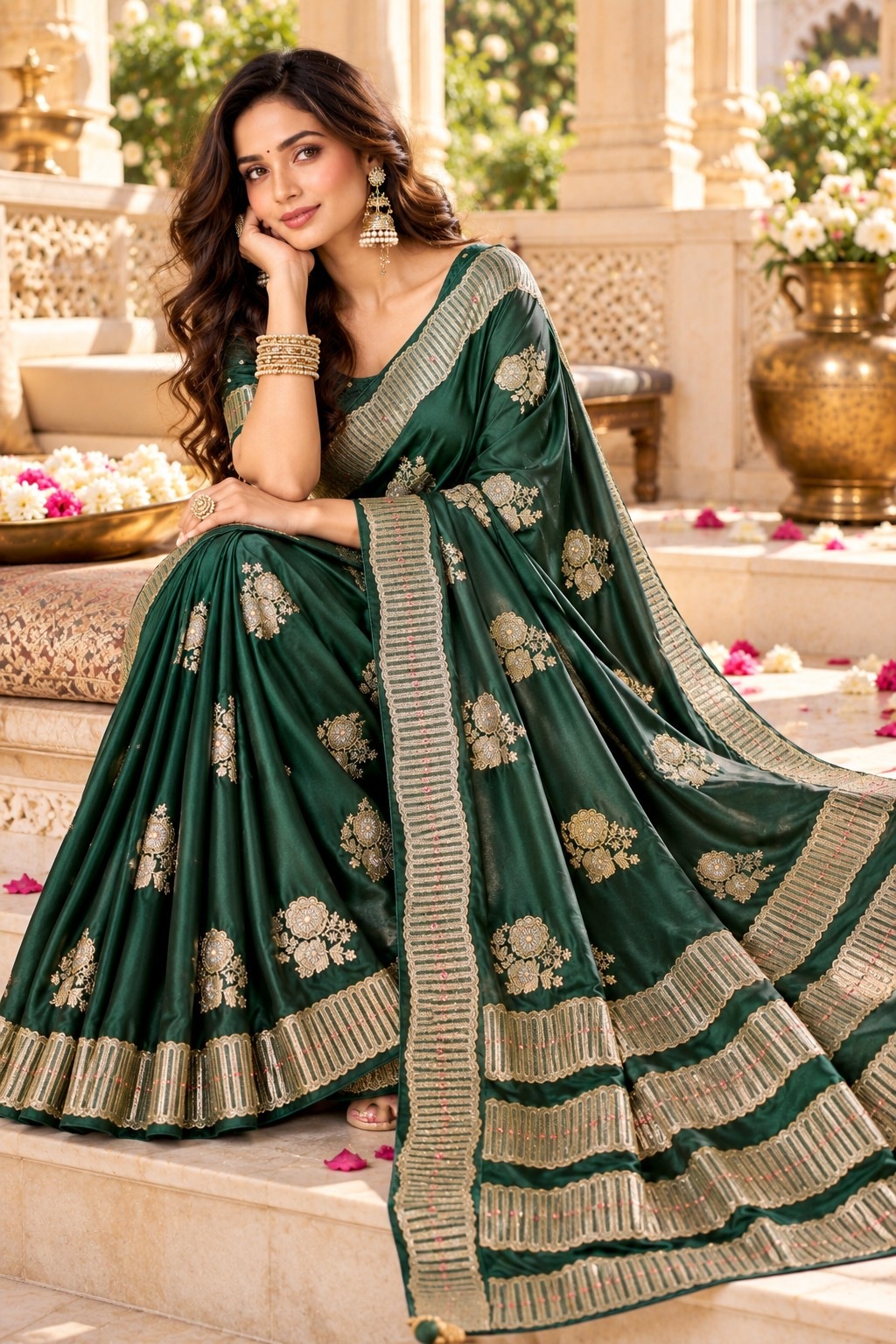 Green Floral Jacquard Satin Tissue Saree