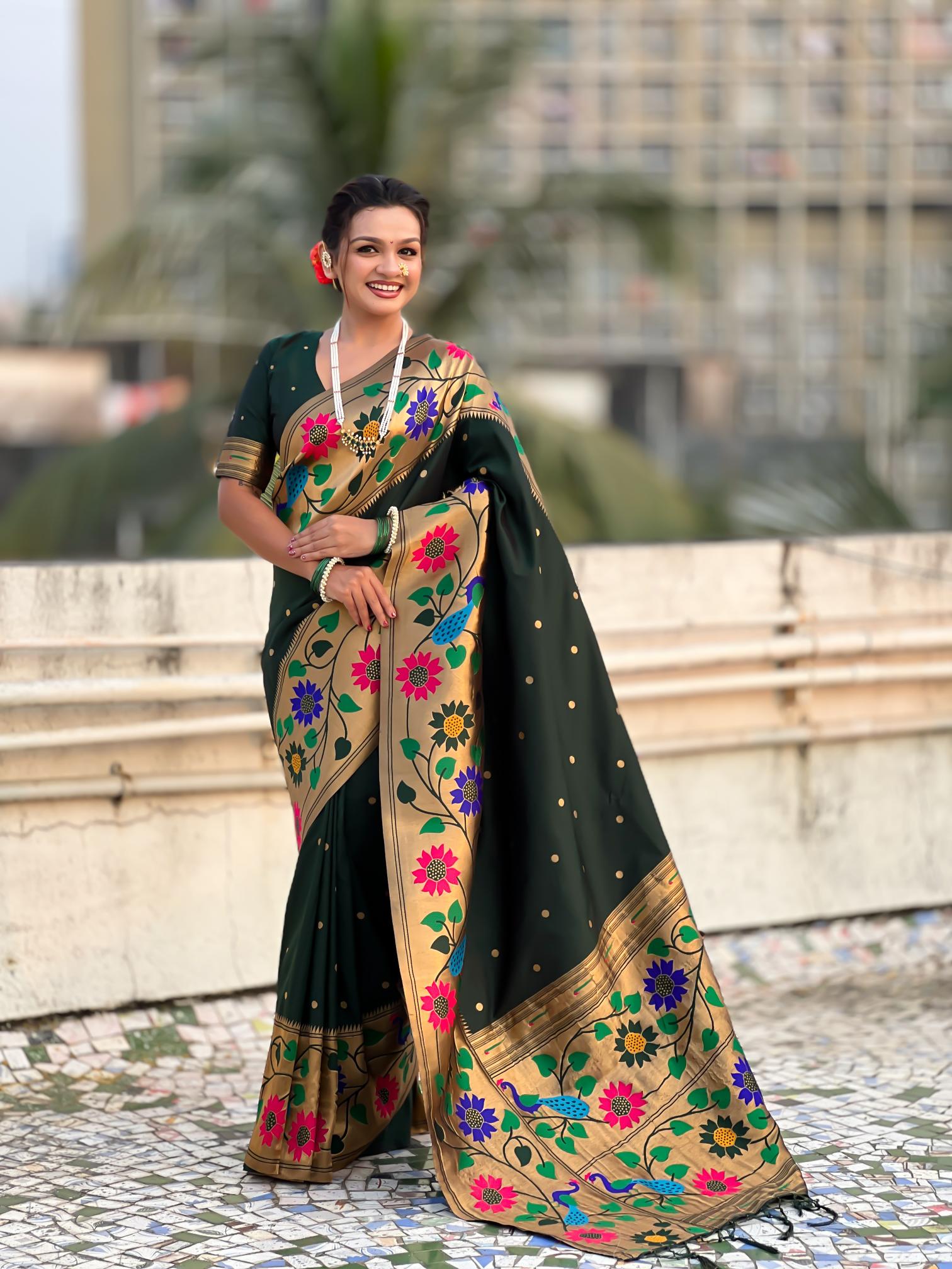 Green Floral N Peacock Motif Paithani Silk Saree