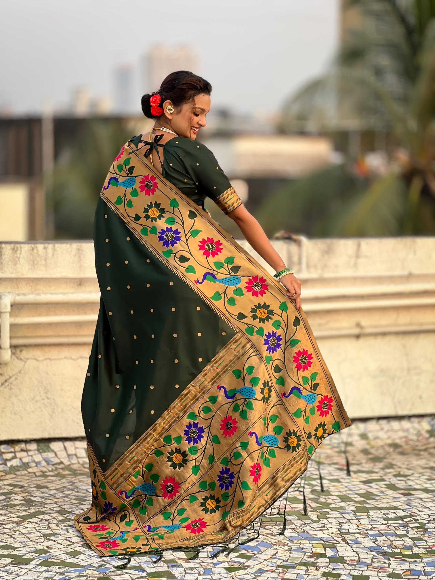 Green Floral N Peacock Motif Paithani Silk Saree — alternate view