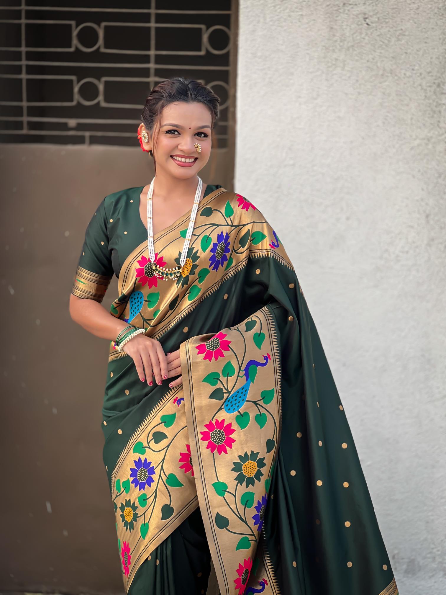 Green Floral N Peacock Motif Paithani Silk Saree
