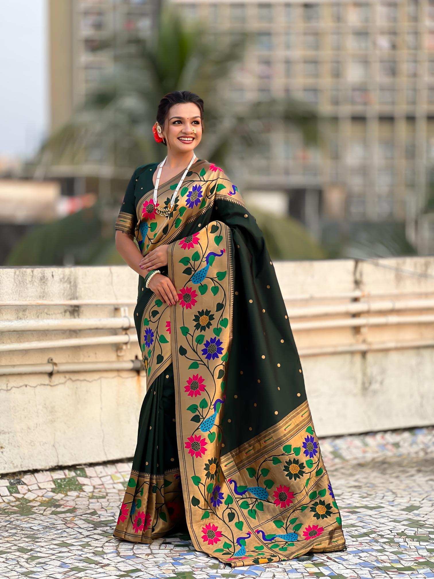 Green Floral N Peacock Motif Paithani Silk Saree
