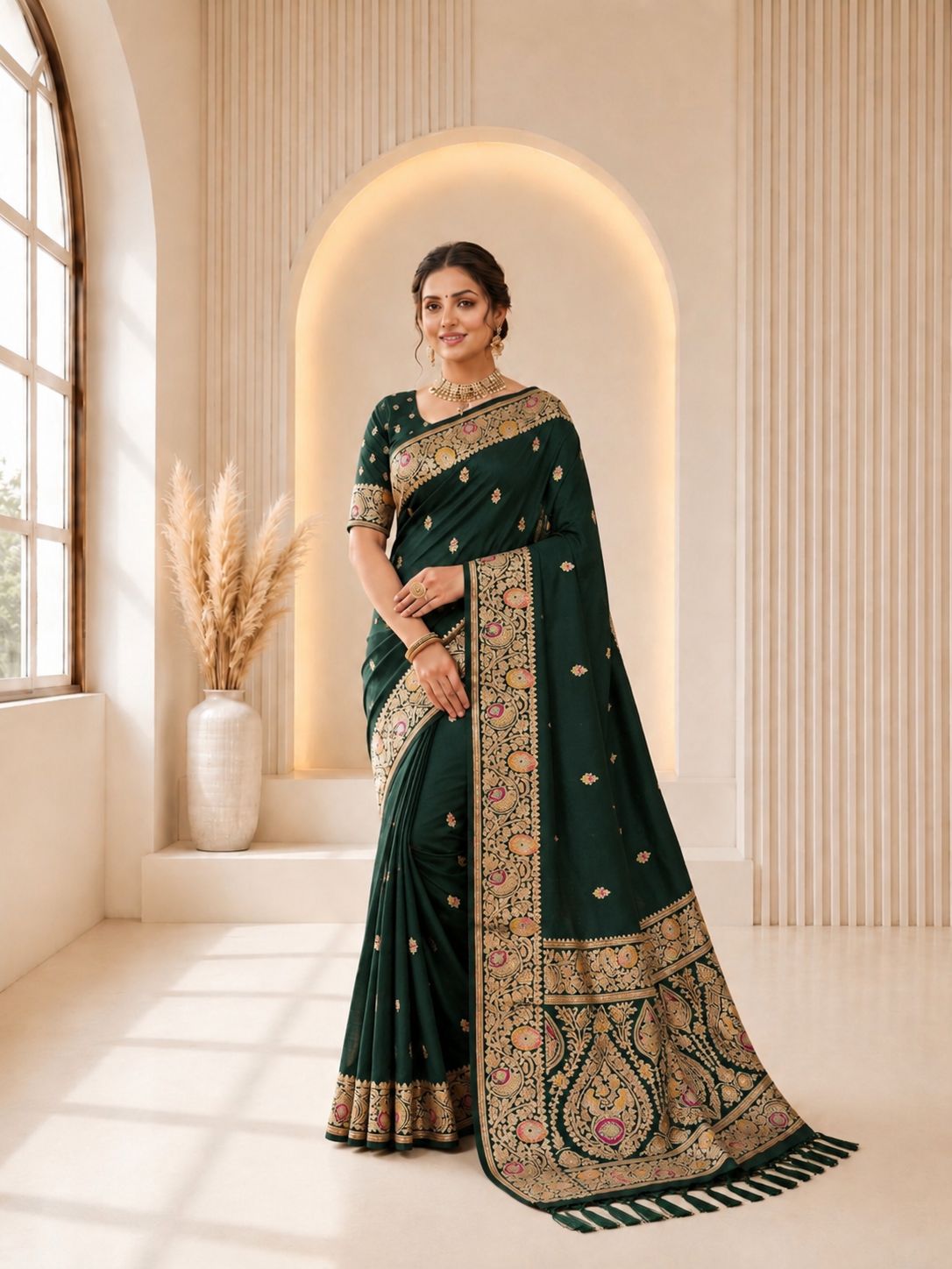 Green Floral Paisley Jacquard Banarasi Designer Saree