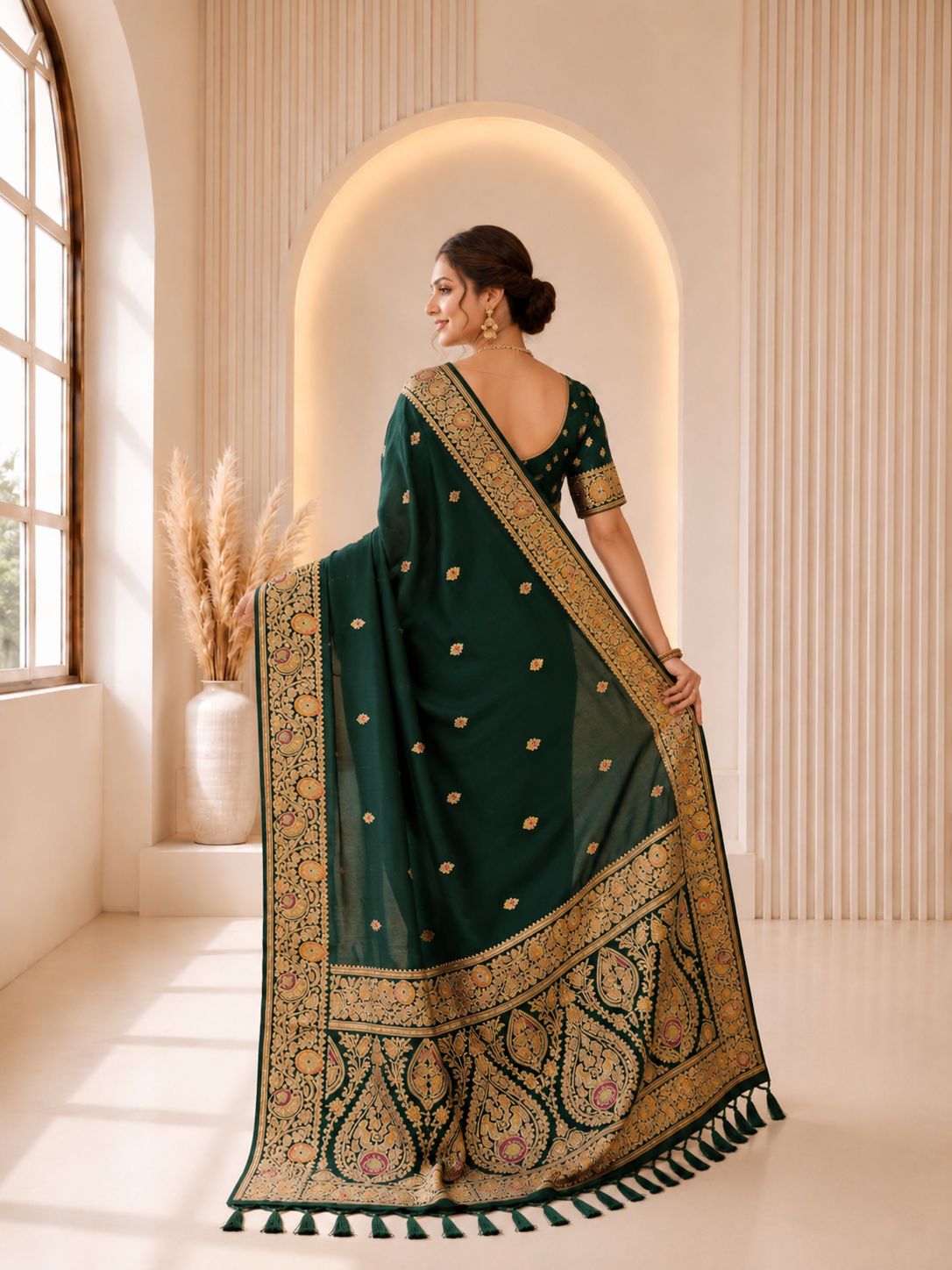 Green Floral Paisley Jacquard Banarasi Designer Saree — alternate view