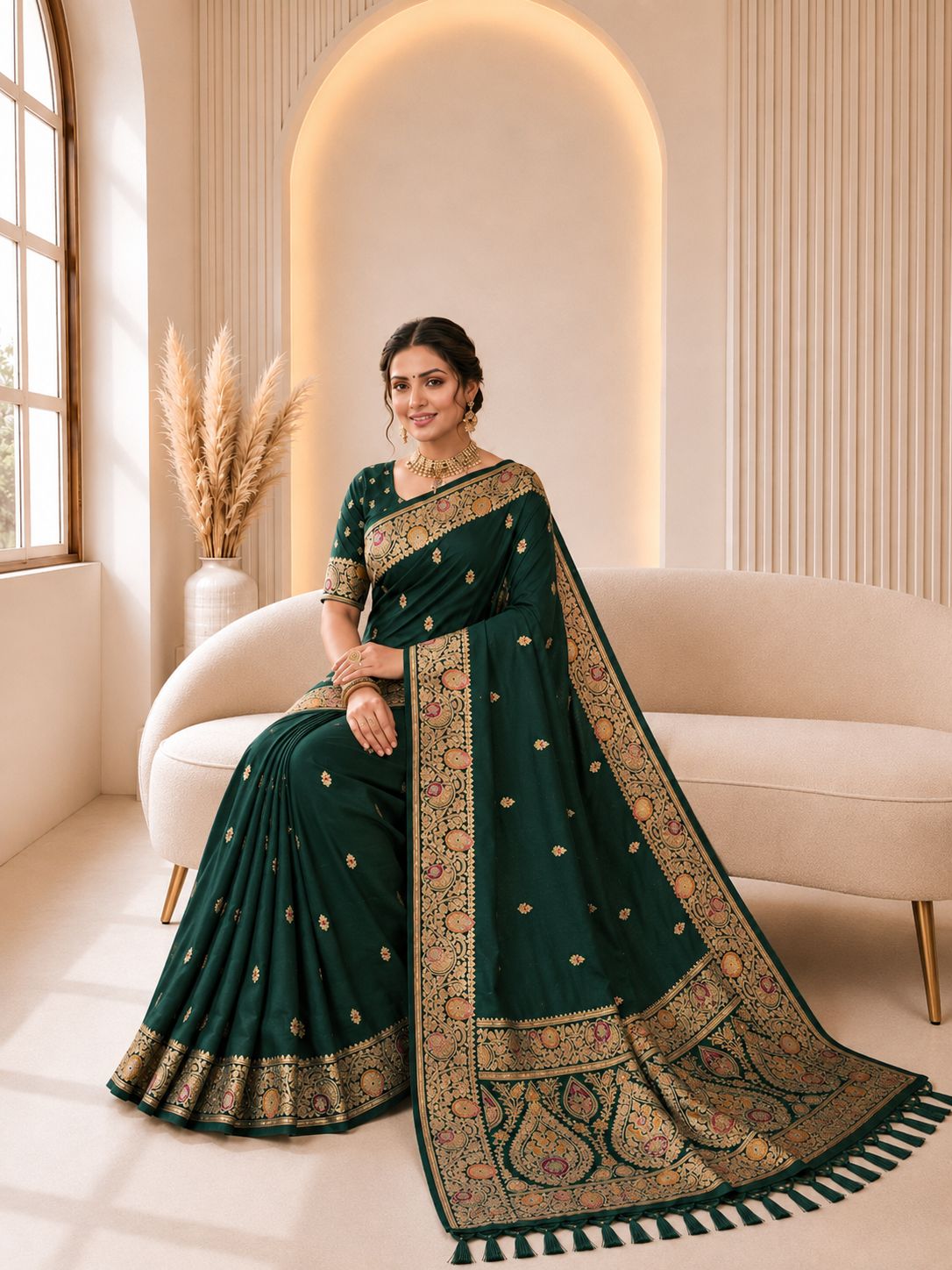 Green Floral Paisley Jacquard Banarasi Designer Saree