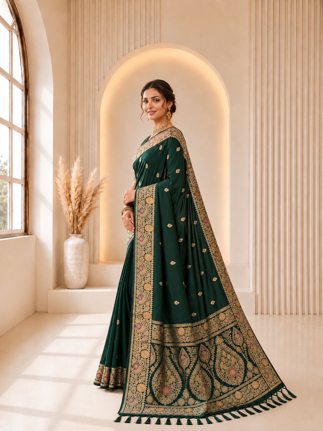 Green Floral Paisley Jacquard Banarasi Designer Saree
