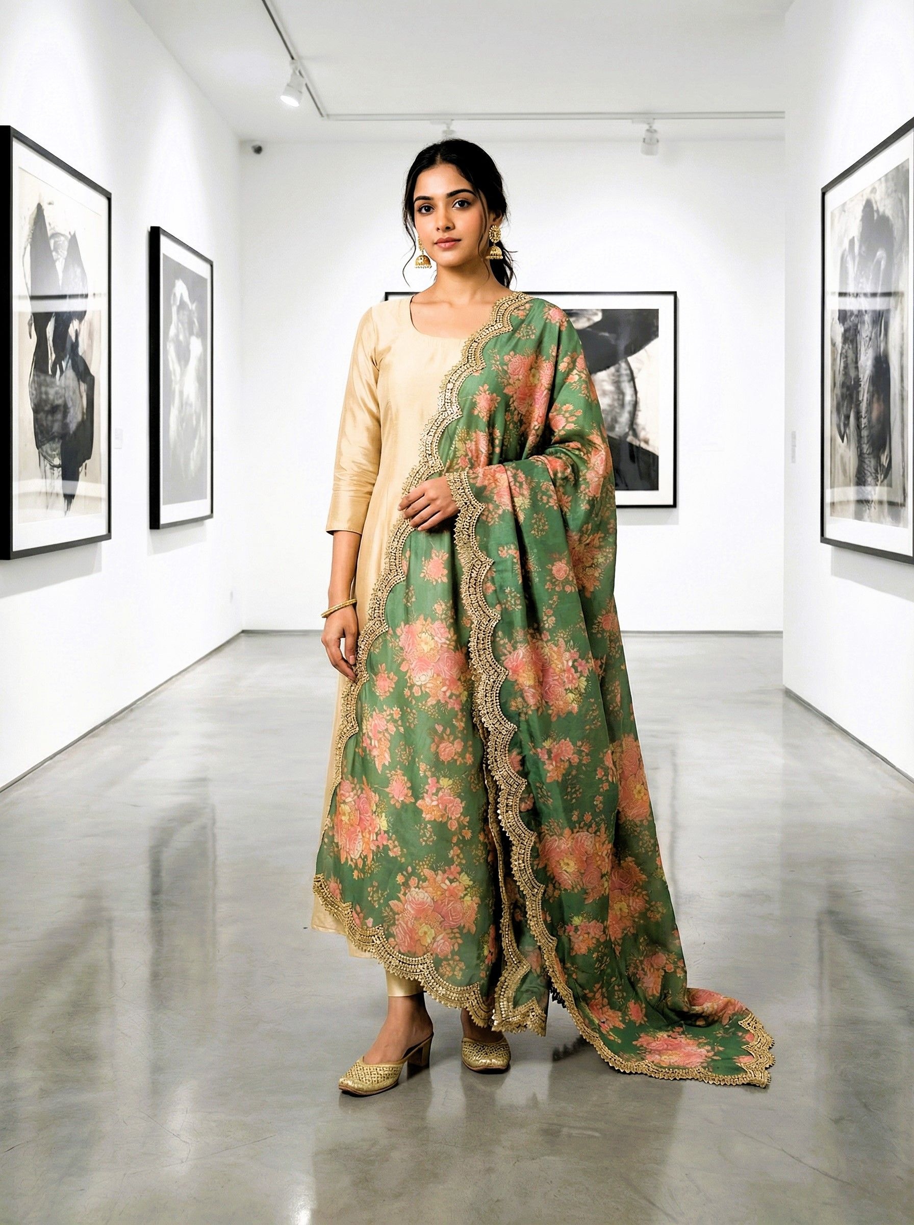 Green Floral Printed Art Silk Dupatta