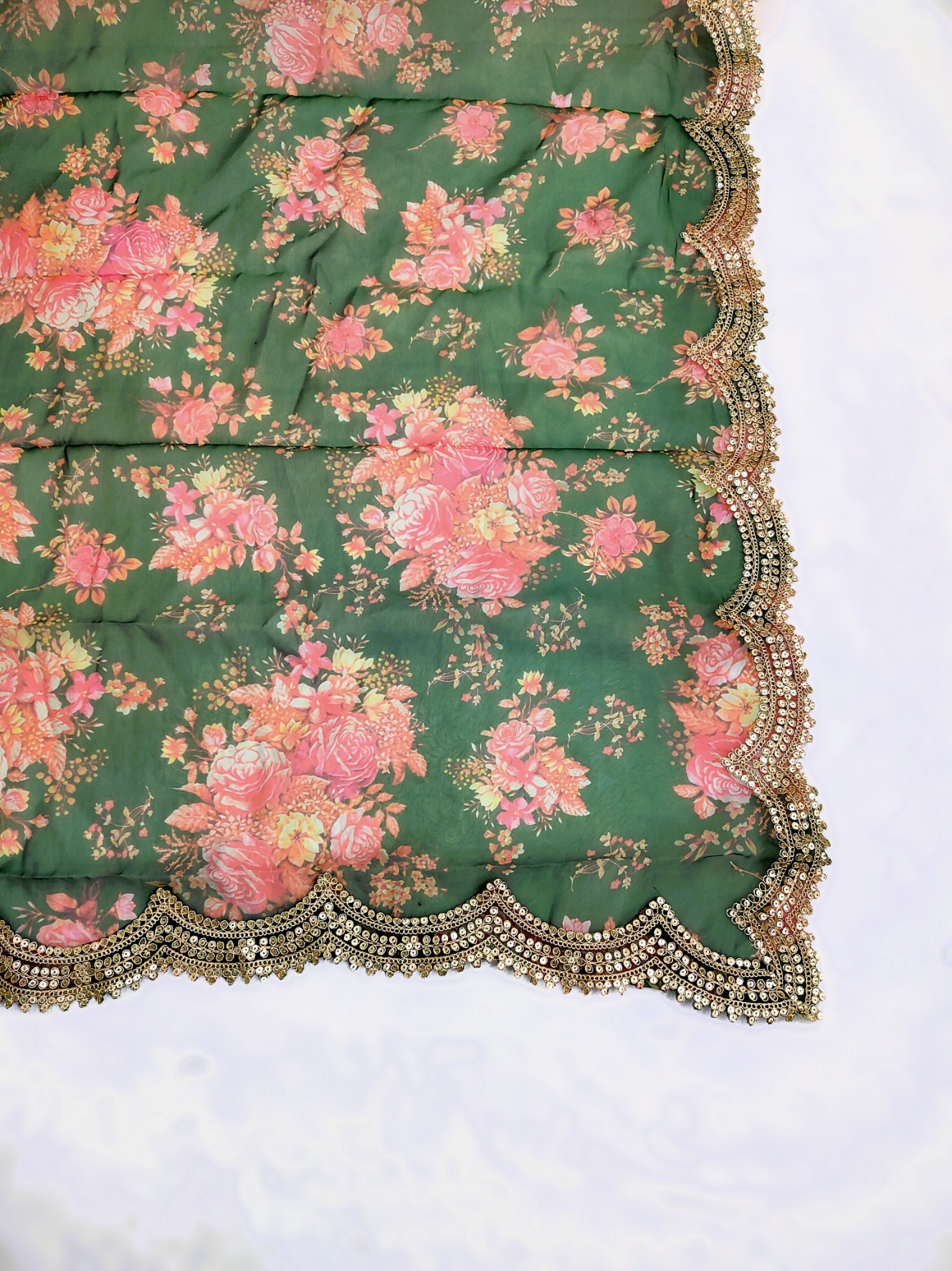 Green Floral Printed Art Silk Dupatta — alternate view