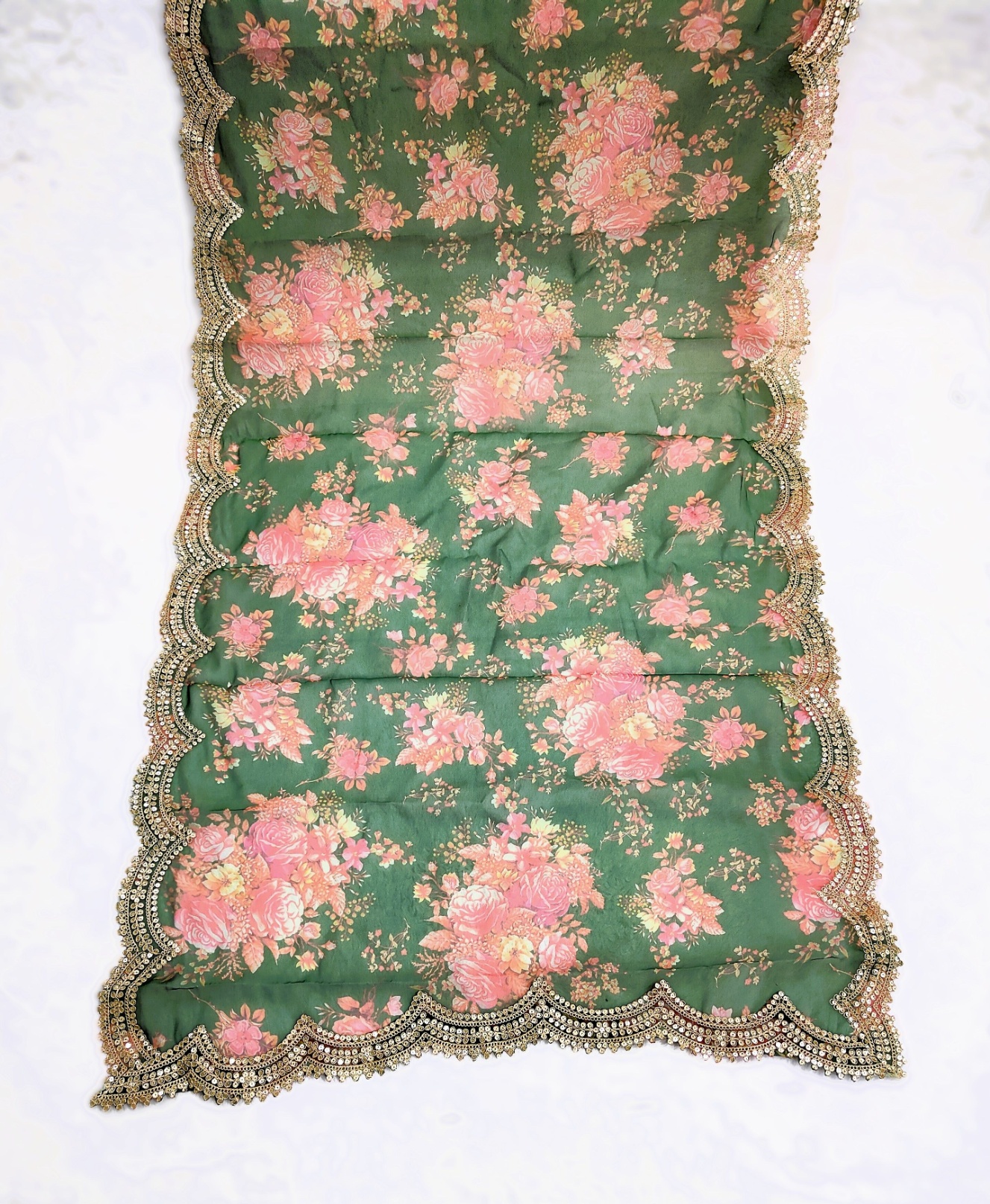 Green Floral Printed Art Silk Dupatta