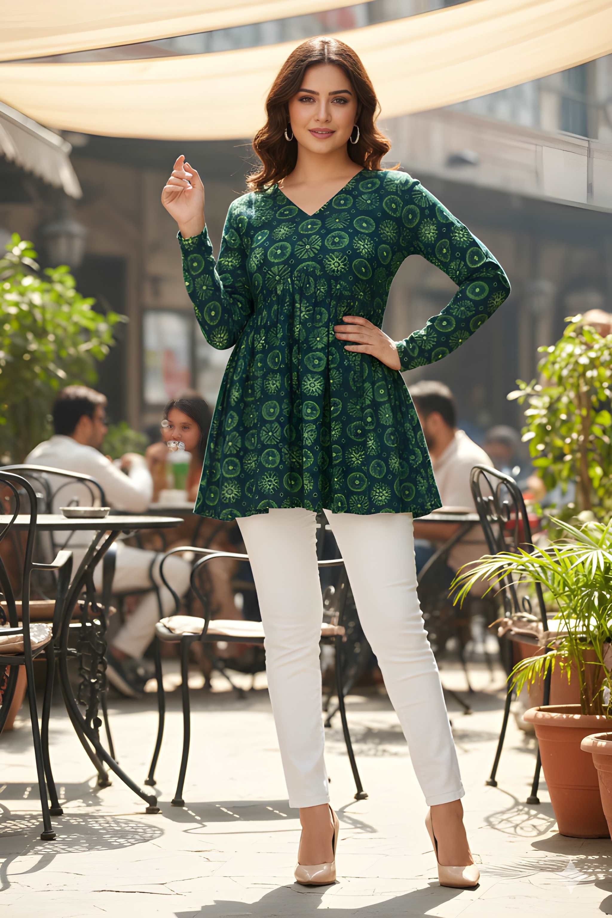 Green Floral Printed Delta Silk A-Line Top