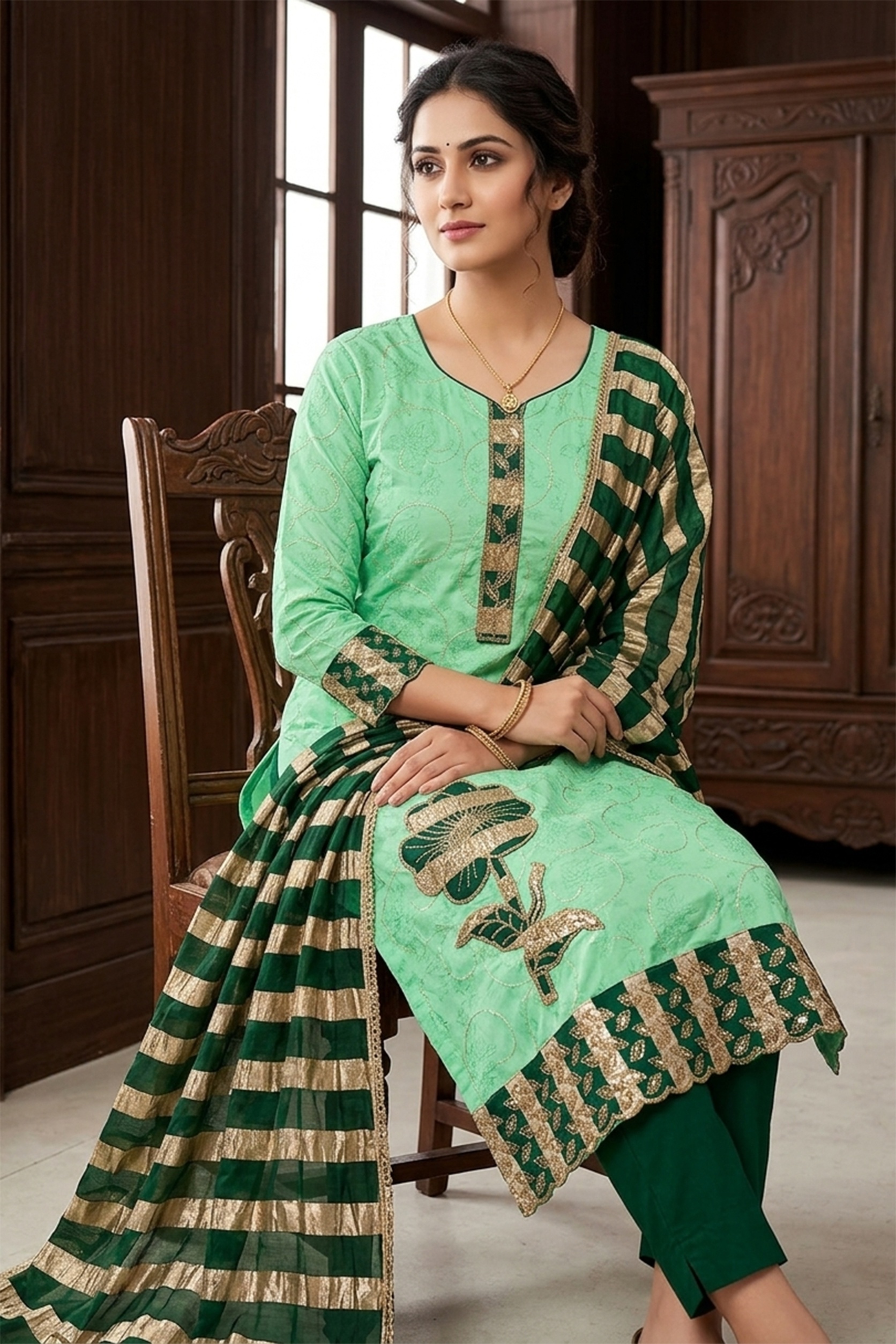 Green Floral Printed Jam Cotton Salwar Suit