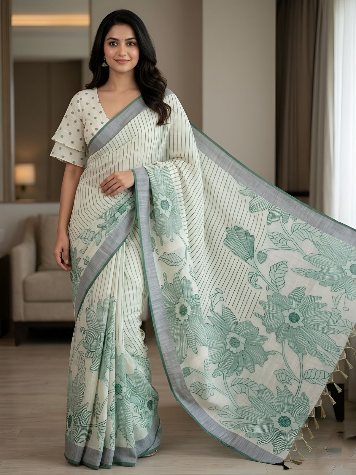 Green Floral Printed Linen Saree