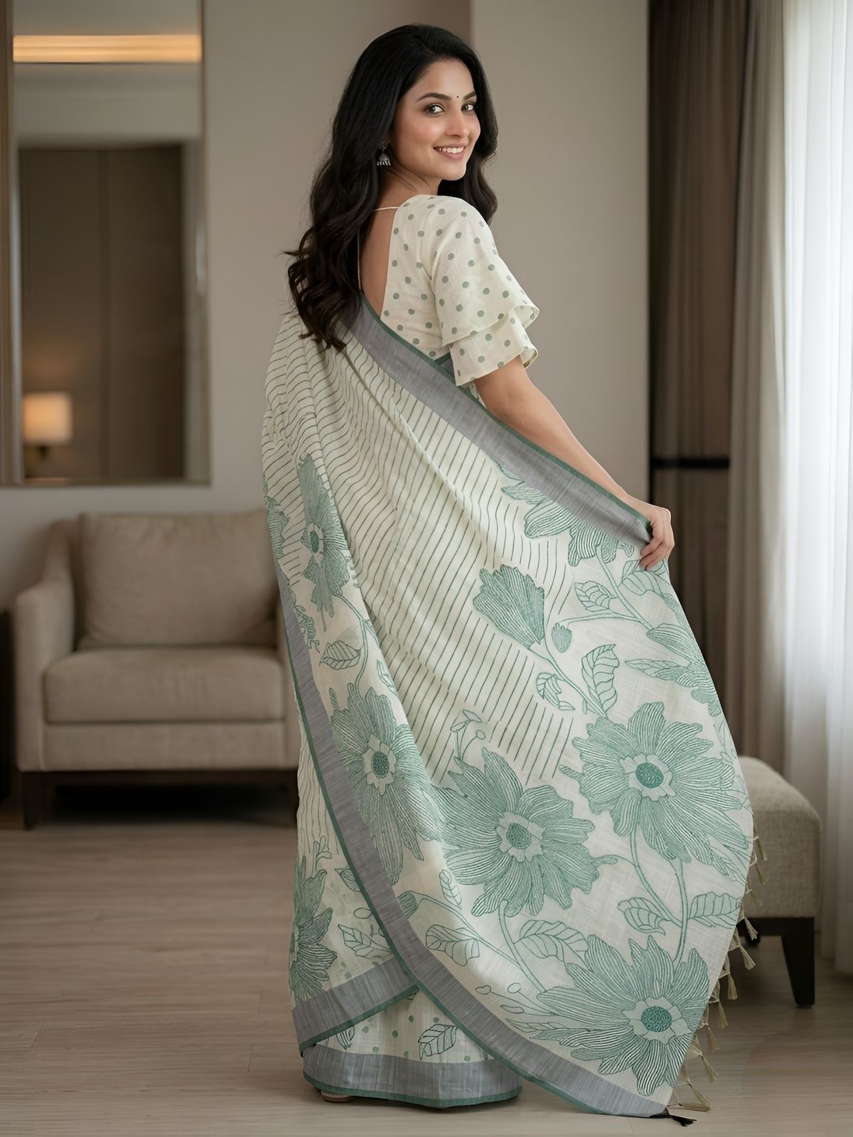 Green Floral Printed Linen Saree — alternate view