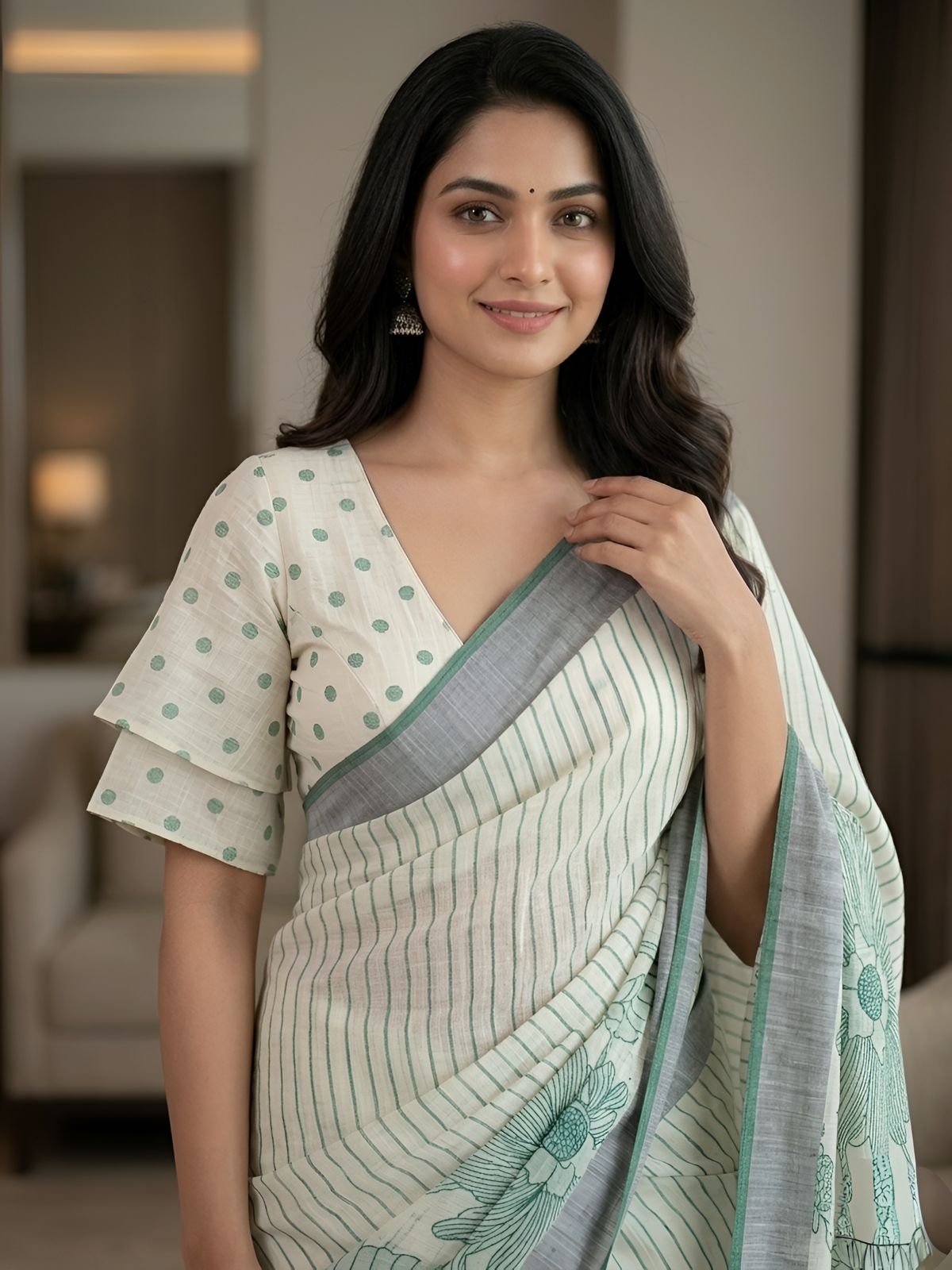 Green Floral Printed Linen Saree