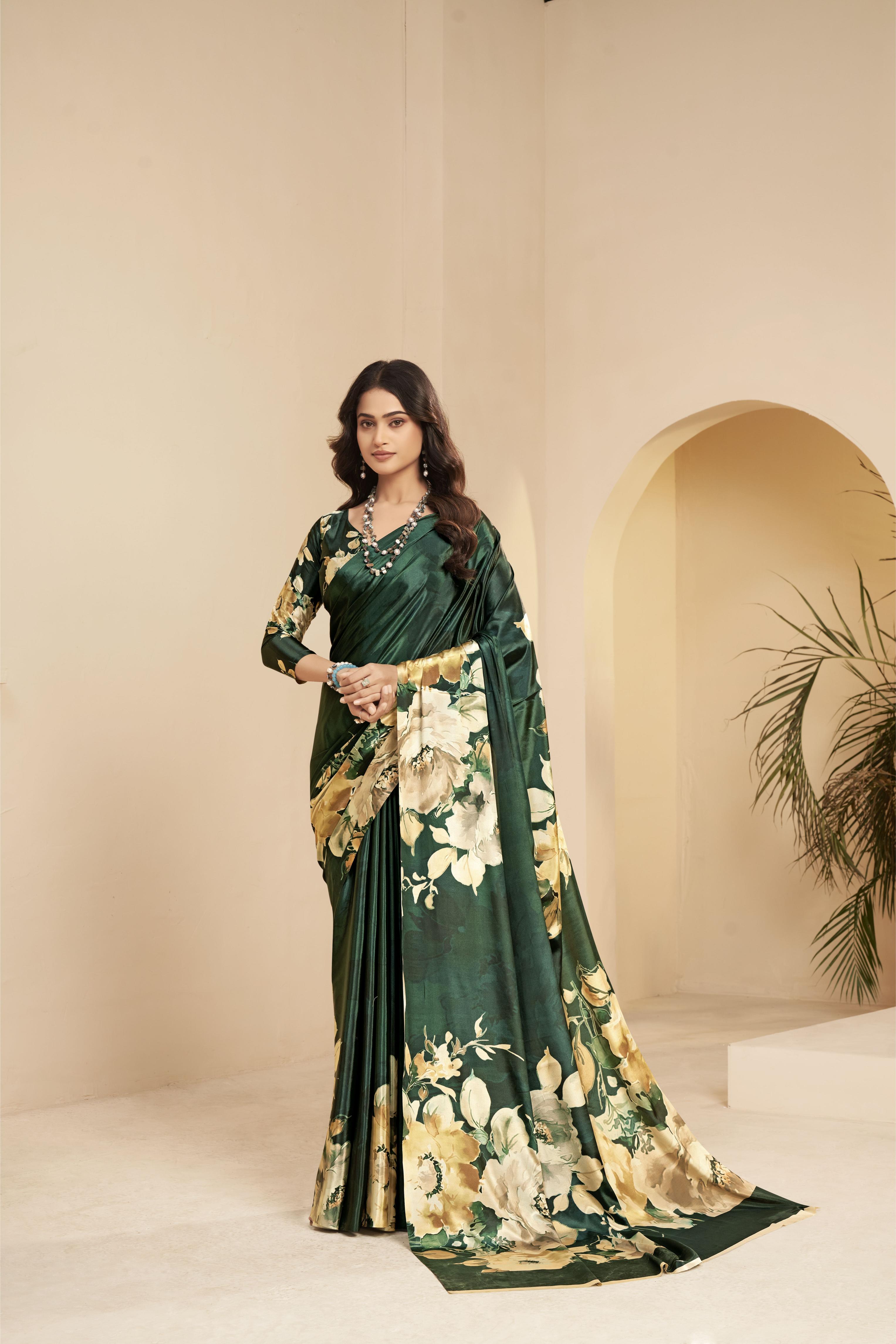 Green Floral Printed Malai Crepe Silk Saree