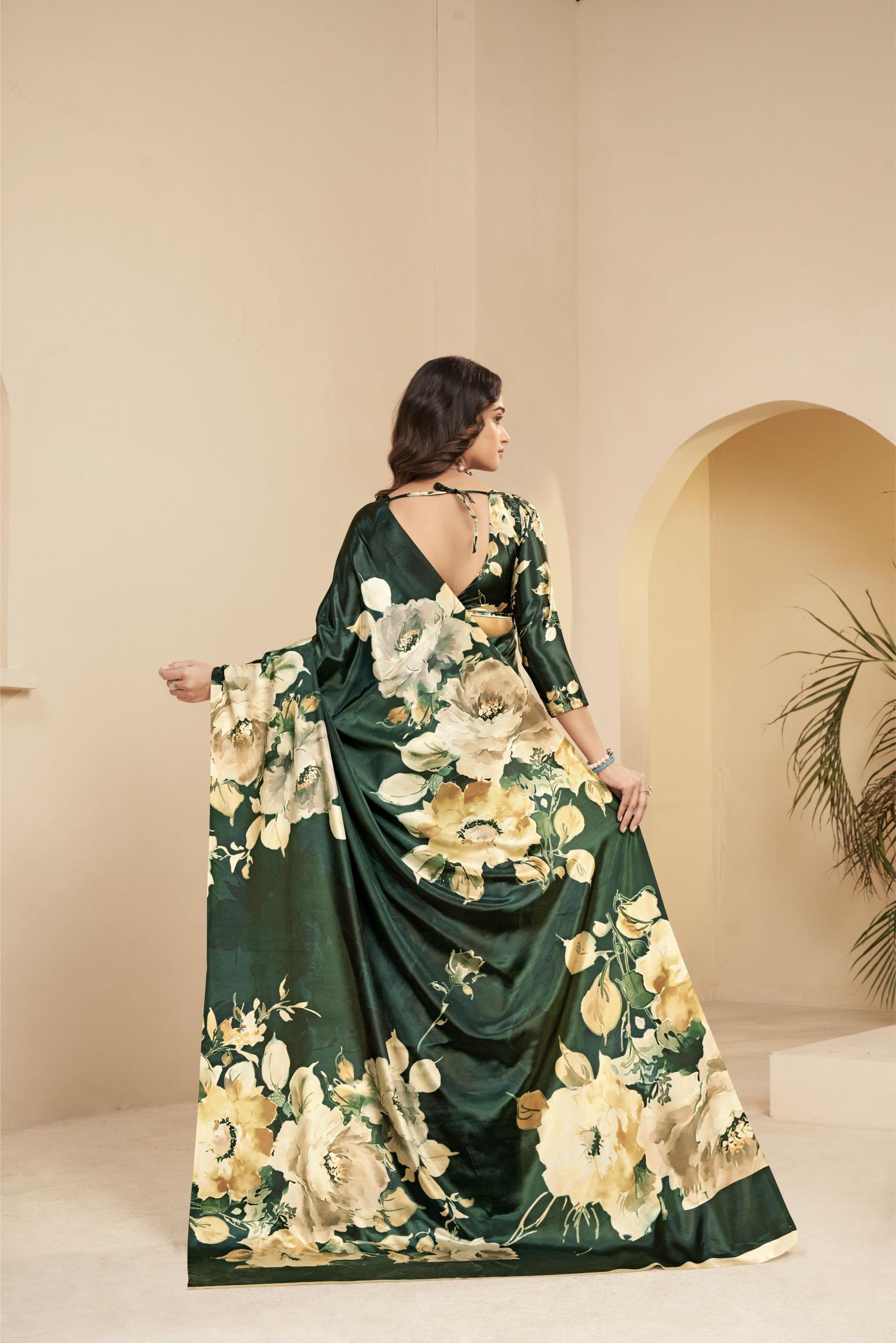 Green Floral Printed Malai Crepe Silk Saree — alternate view
