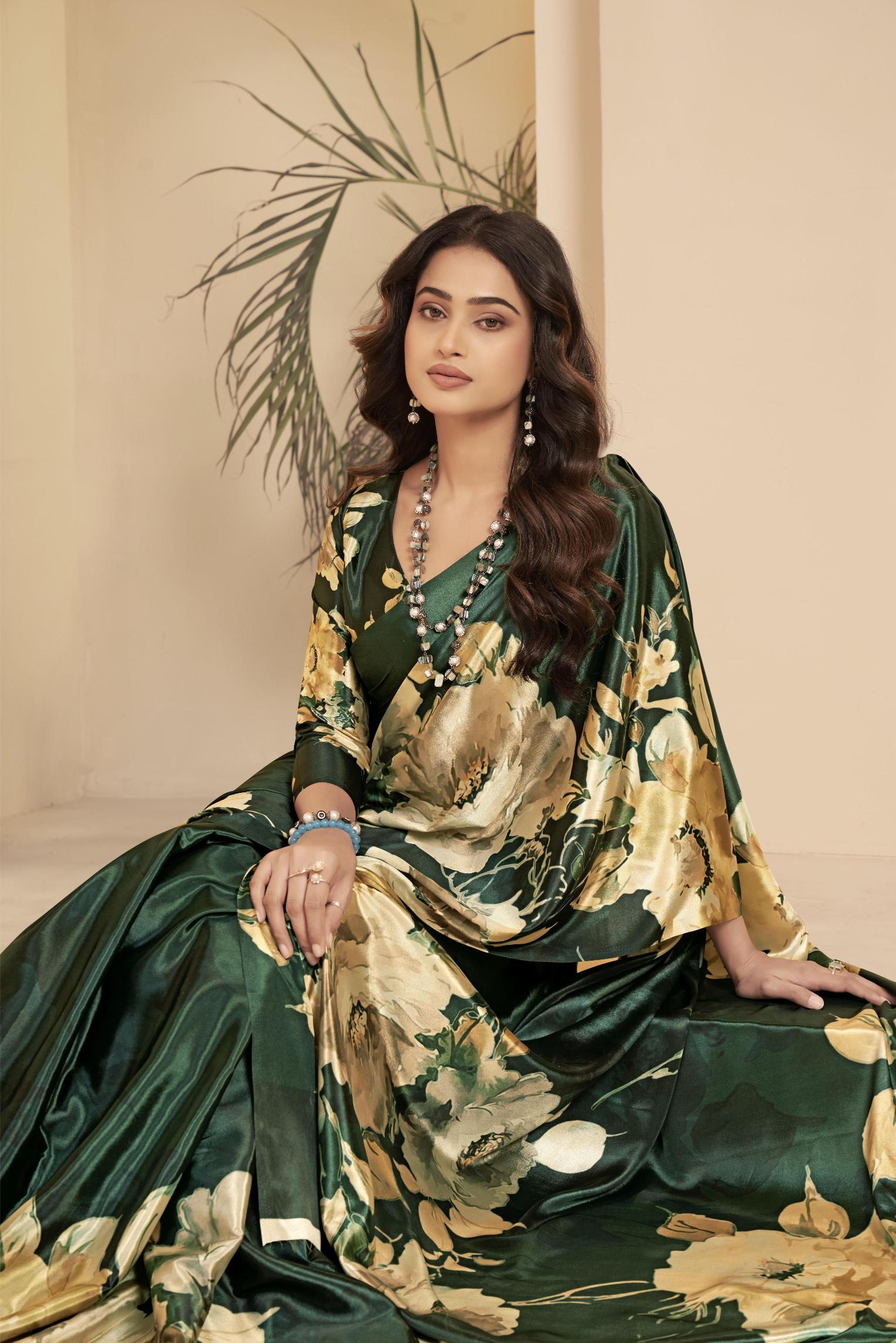Green Floral Printed Malai Crepe Silk Saree