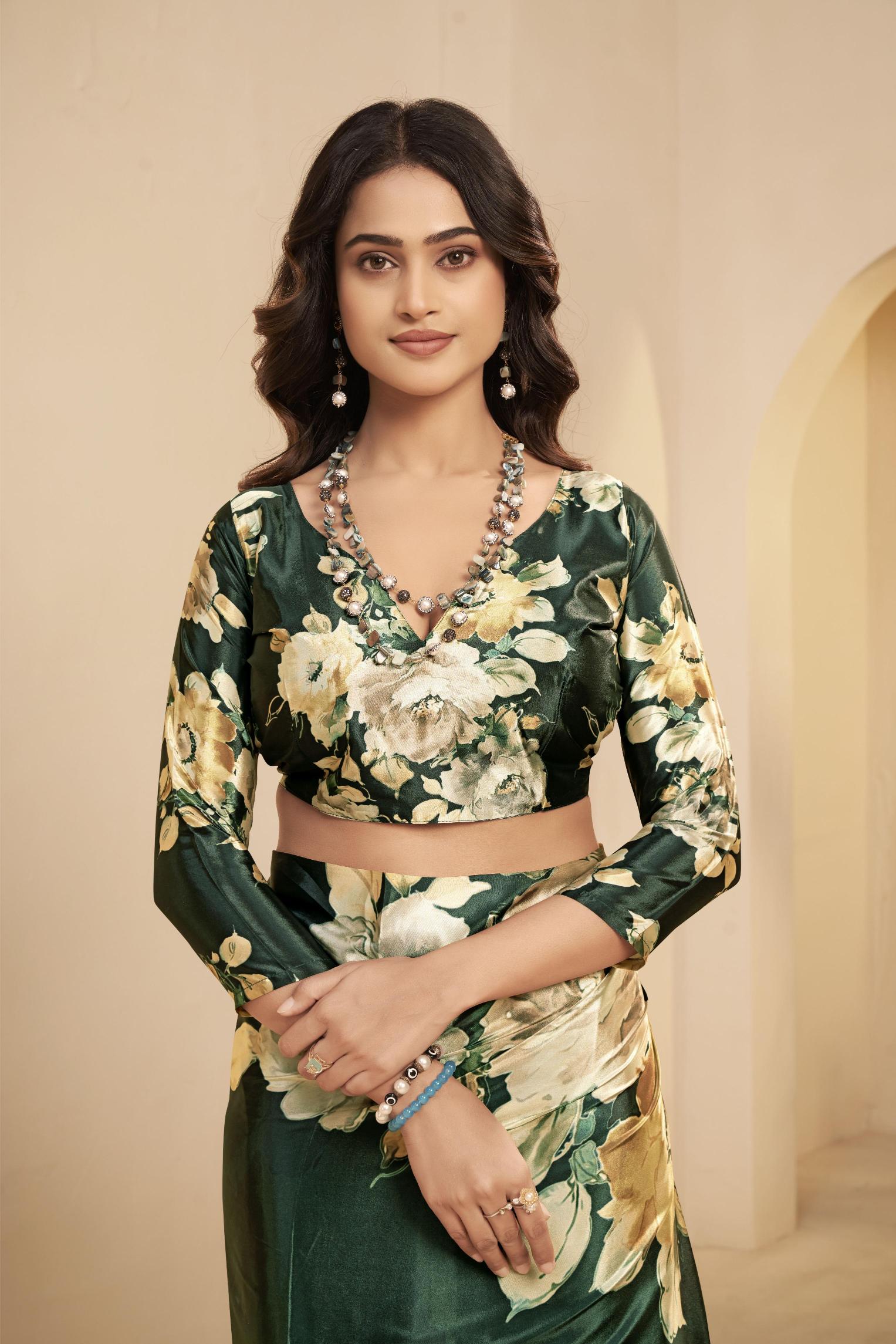 Green Floral Printed Malai Crepe Silk Saree