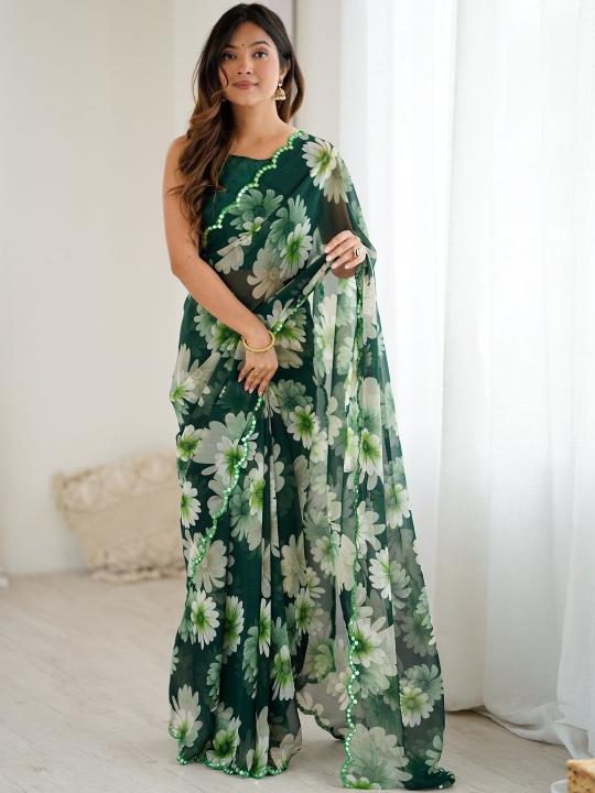 Green Floral Printed Mirror Cut Work Georgette Saree