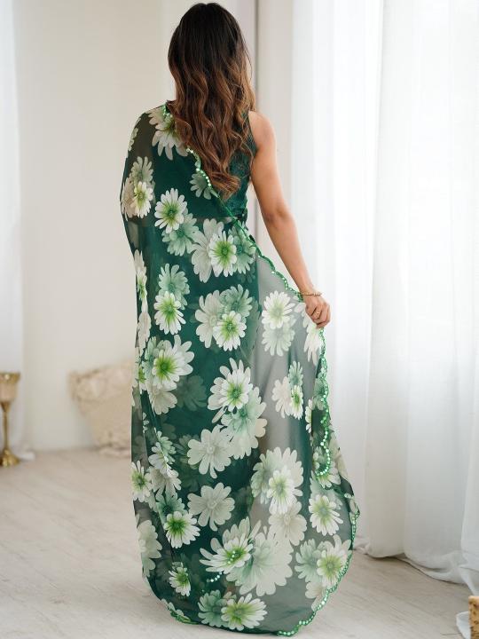 Green Floral Printed Mirror Cut Work Georgette Saree — alternate view
