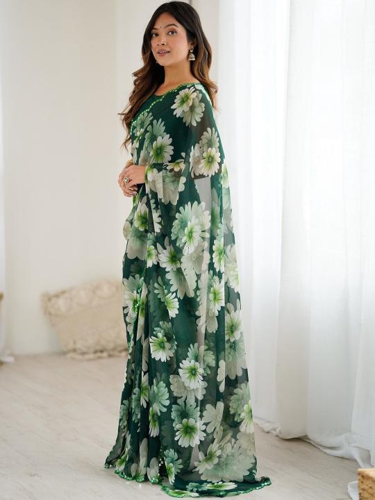 Green Floral Printed Mirror Cut Work Georgette Saree