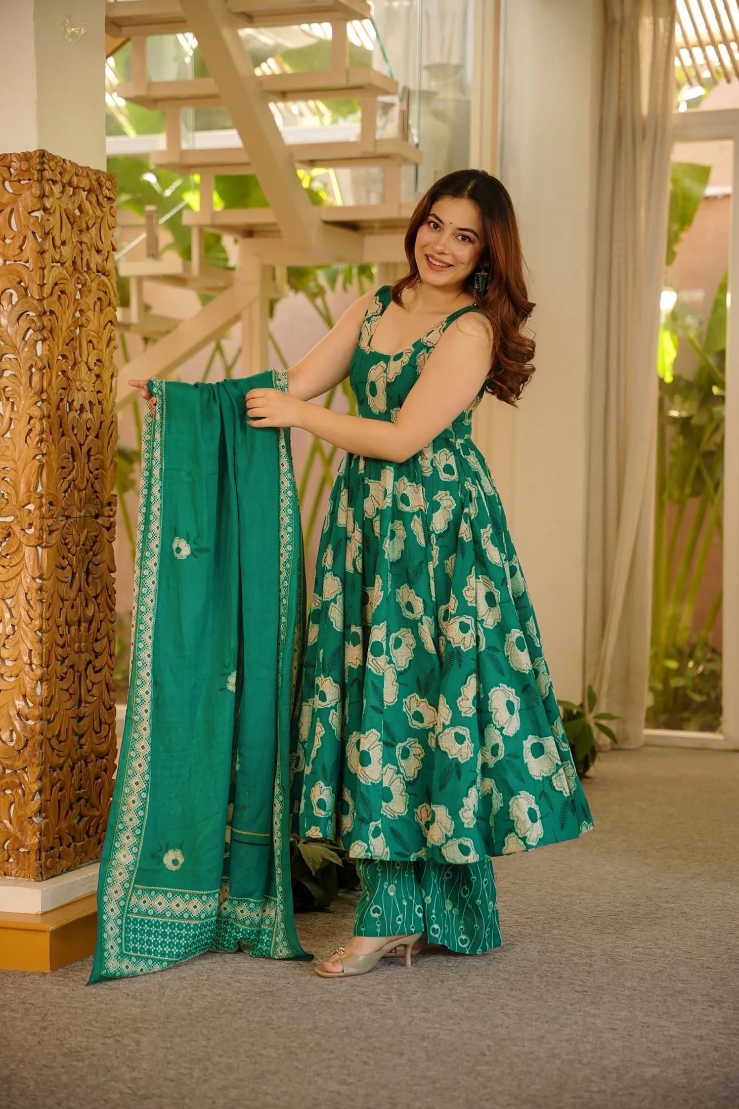 Green Floral Printed Muslin Anarkali Suit