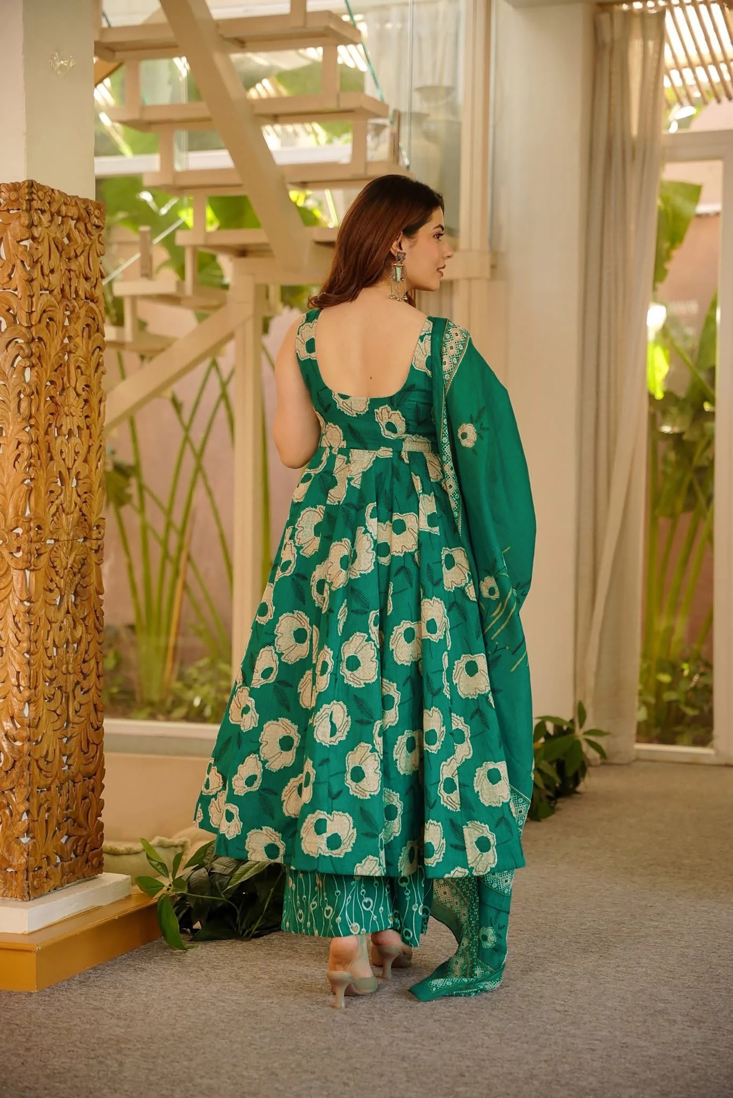 Green Floral Printed Muslin Anarkali Suit
