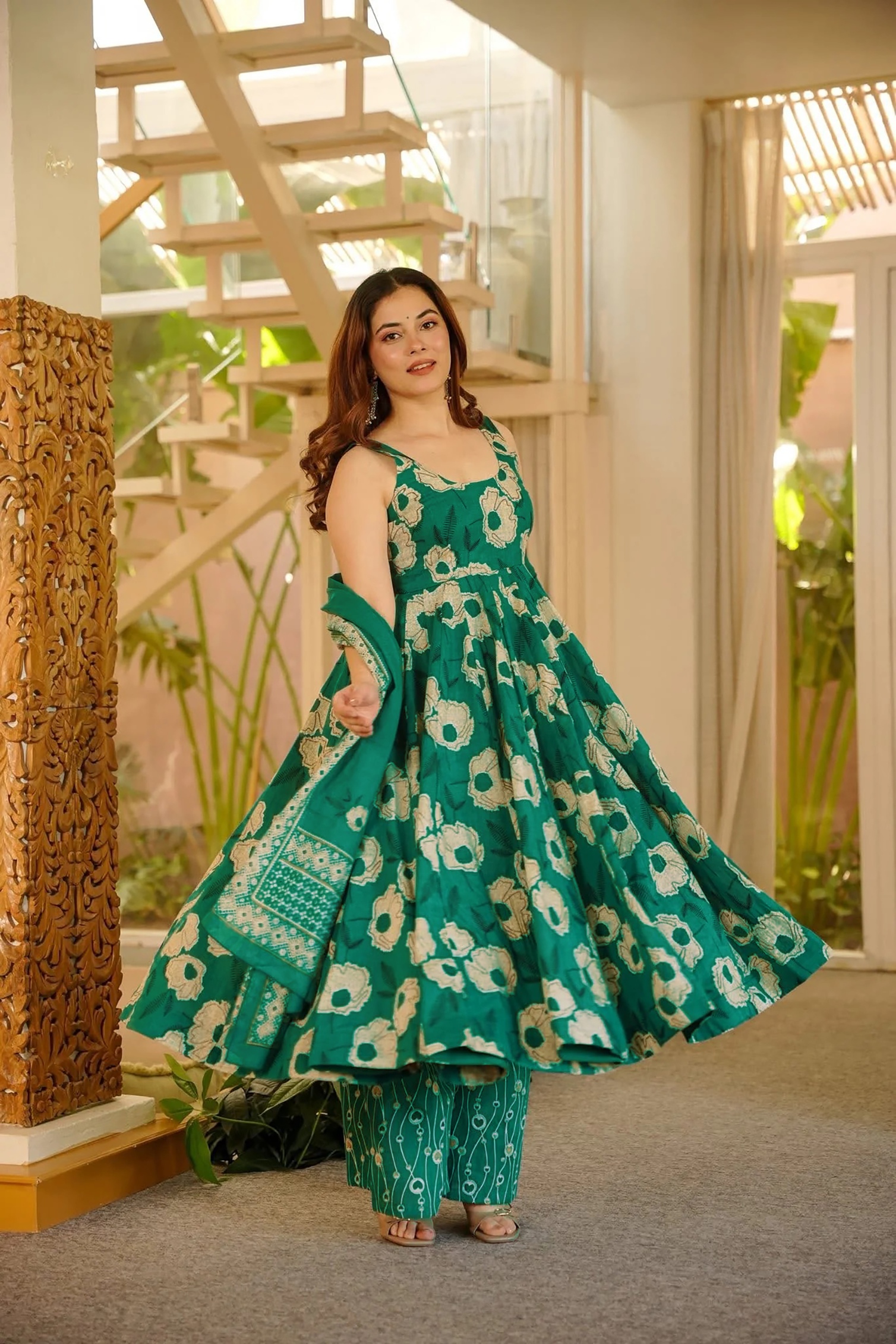 Green Floral Printed Muslin Anarkali Suit
