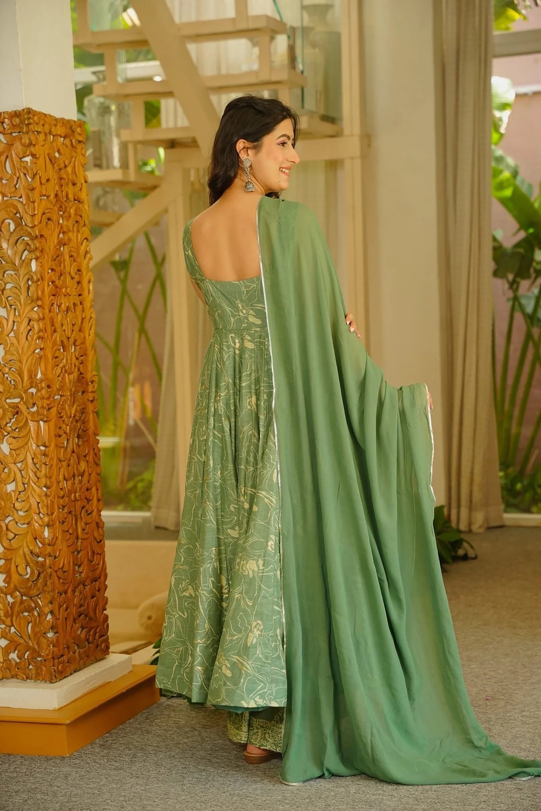 Green Floral Printed Muslin Anarkali Suit — alternate view