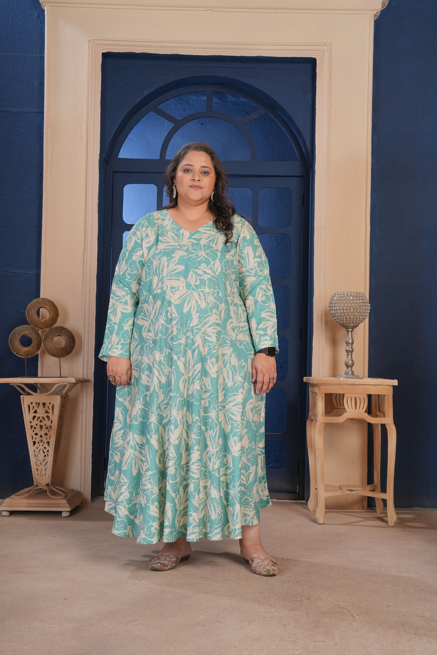 Green Floral Printed Rayon Plus Size Kurti