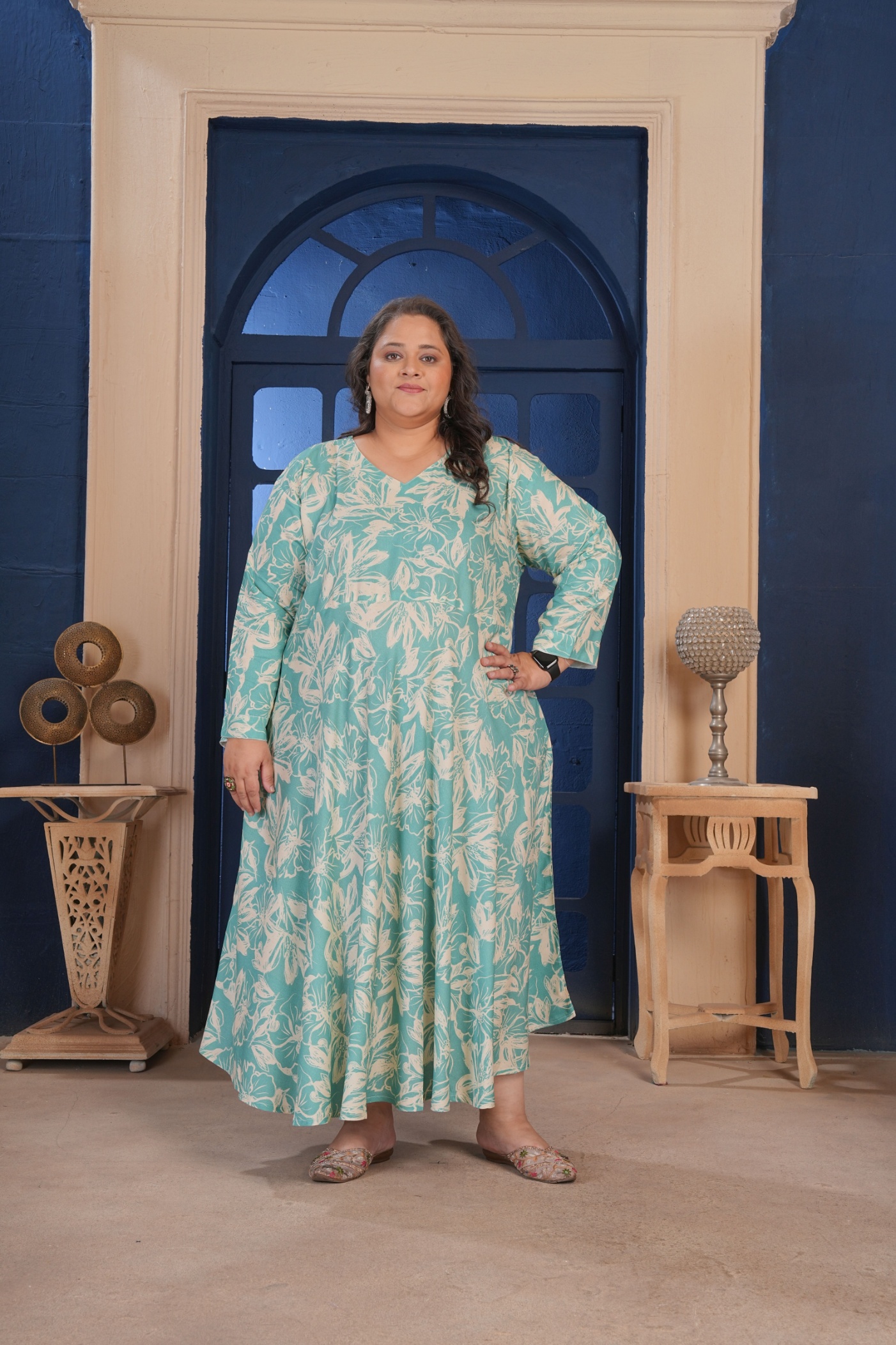 Green Floral Printed Rayon Plus Size Kurti