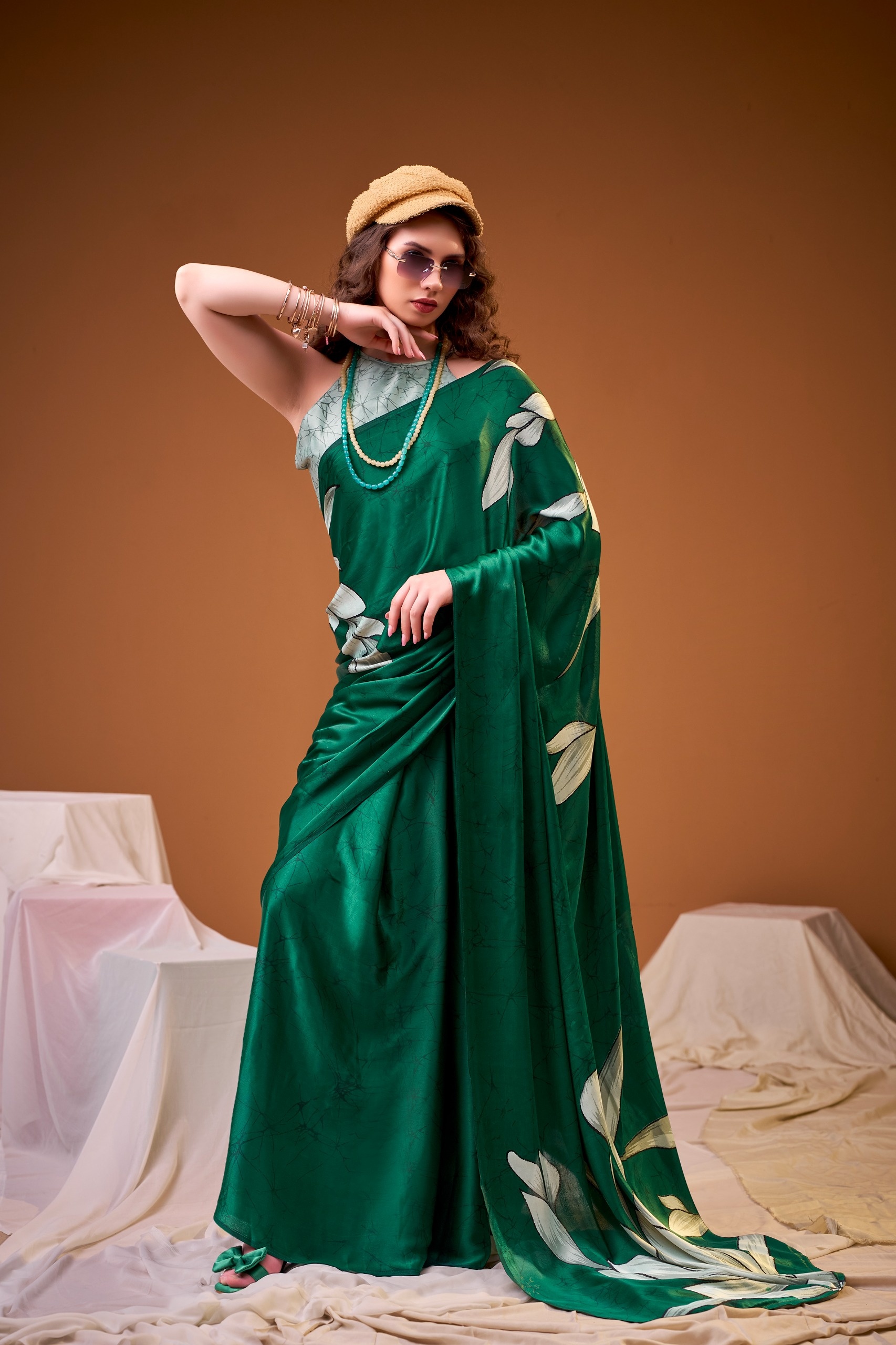 Green Floral Printed Satin Silk Saree