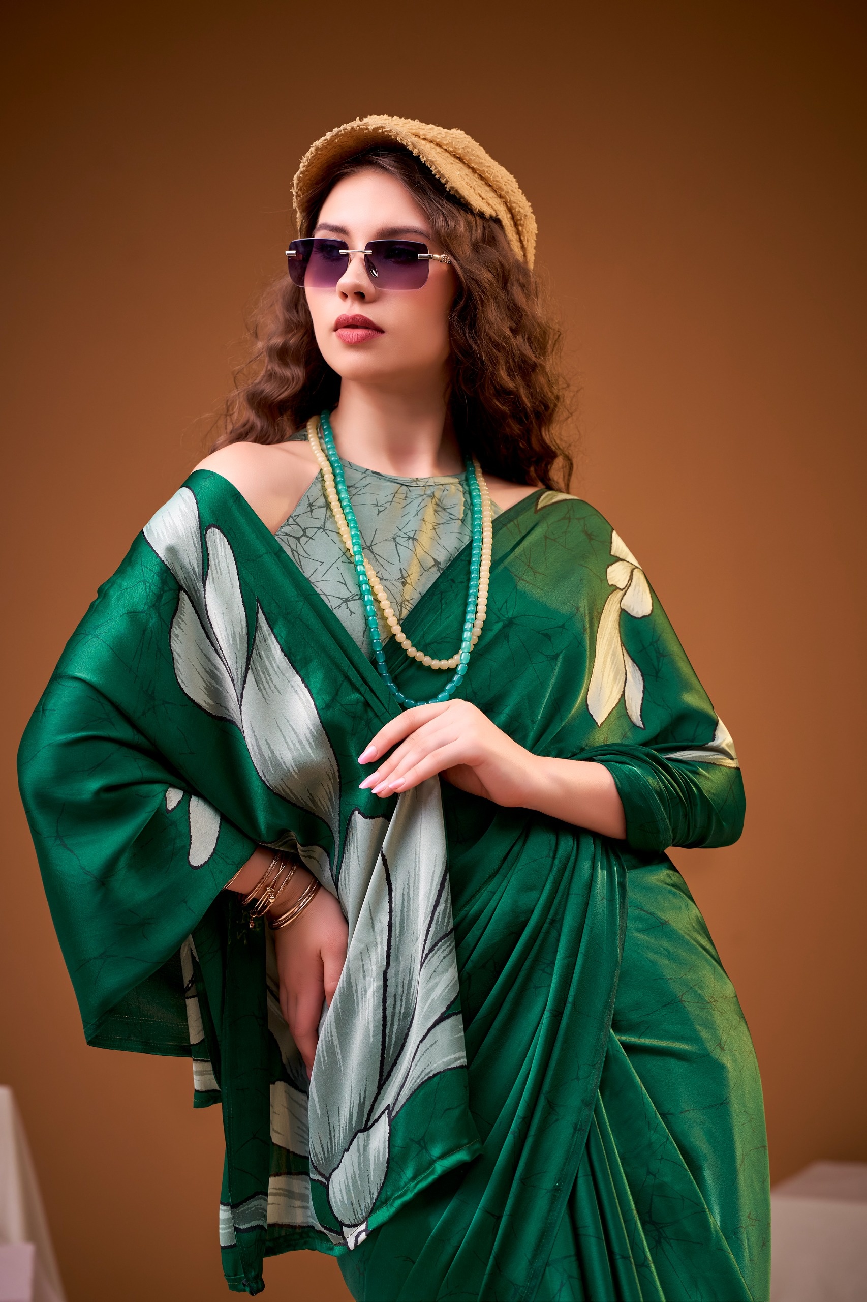 Green Floral Printed Satin Silk Saree — alternate view