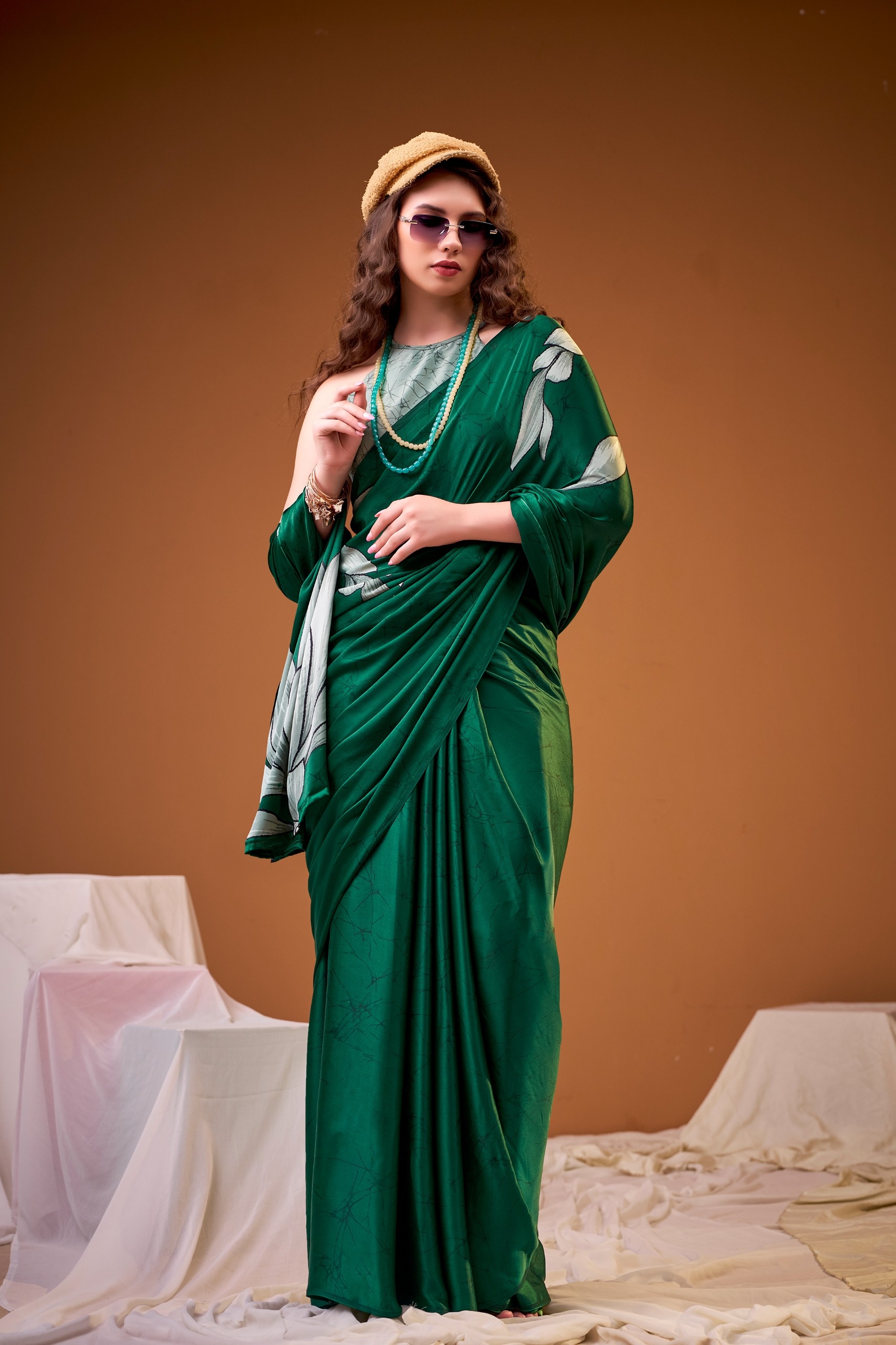 Green Floral Printed Satin Silk Saree