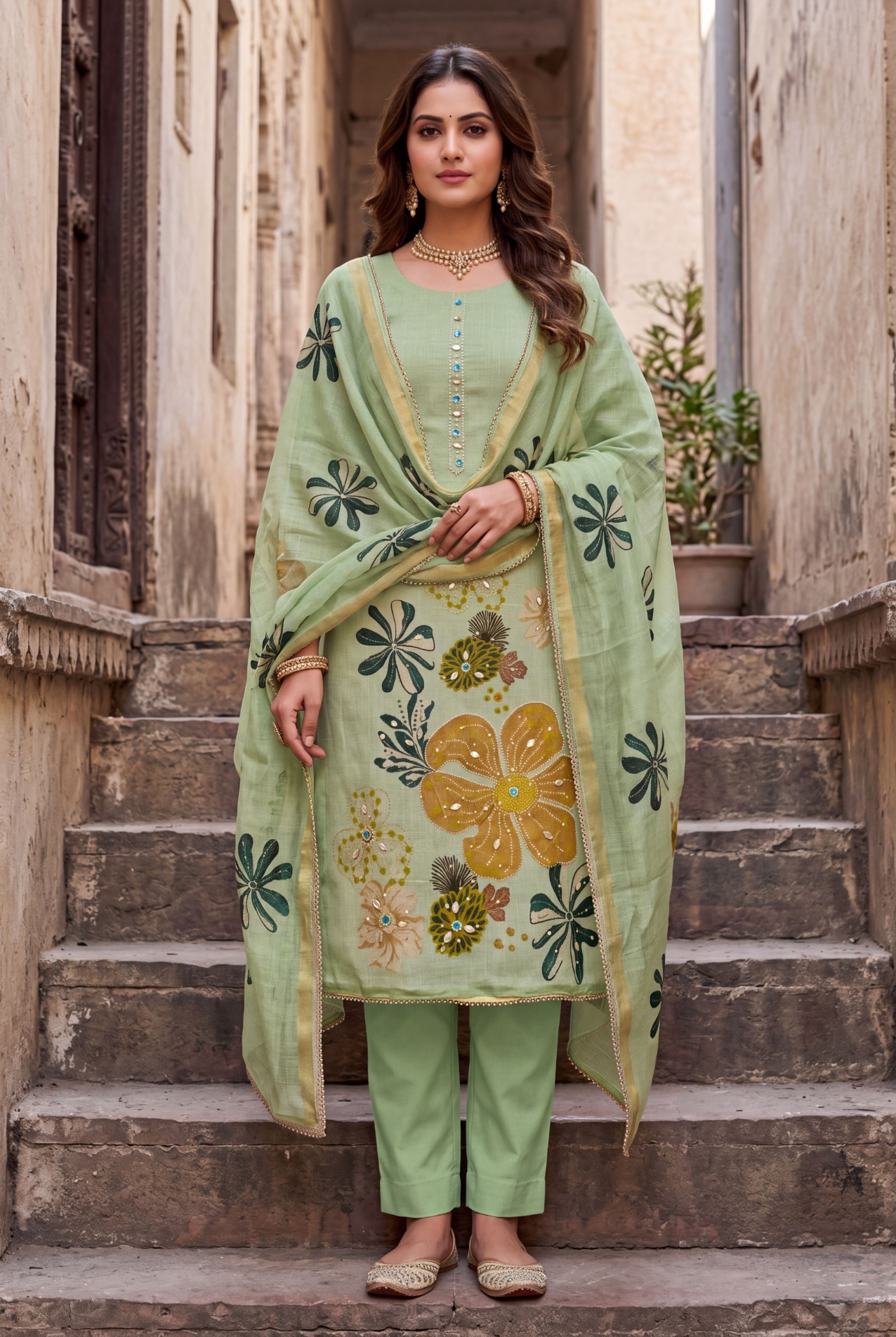 Green Floral Printed Shimmer Linen Cotton Festive Straight Suit
