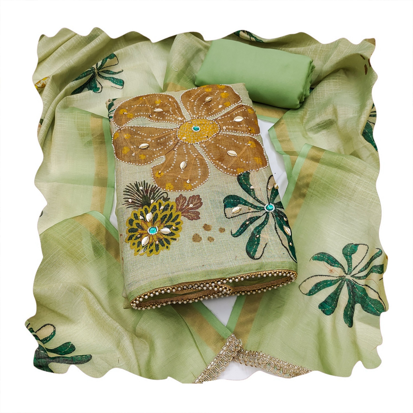 Green Floral Printed Shimmer Linen Cotton Festive Straight Suit — alternate view