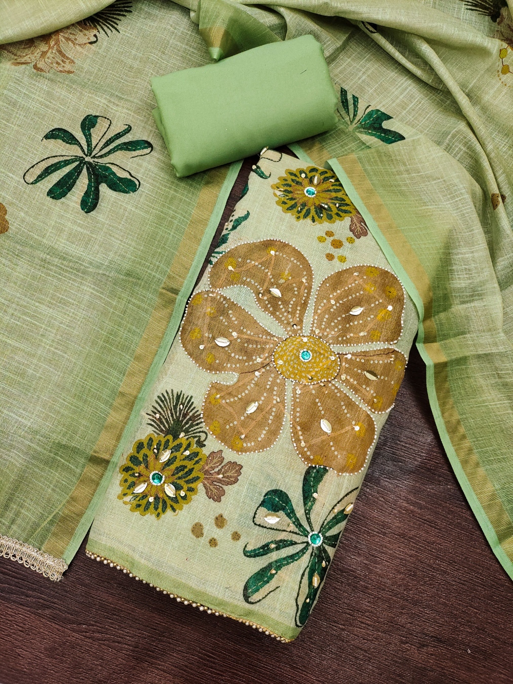 Green Floral Printed Shimmer Linen Cotton Festive Straight Suit