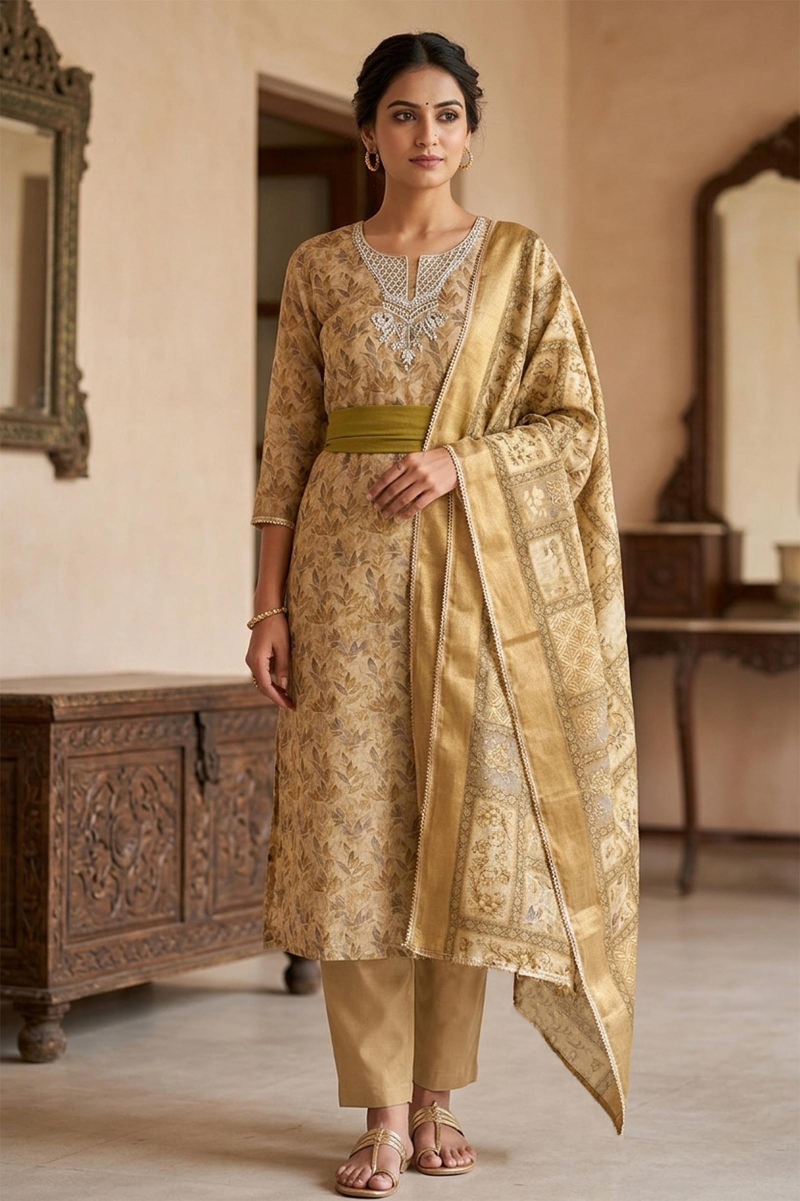 Green Floral Printed Shimmer Linen Cotton Regal Straight Suit