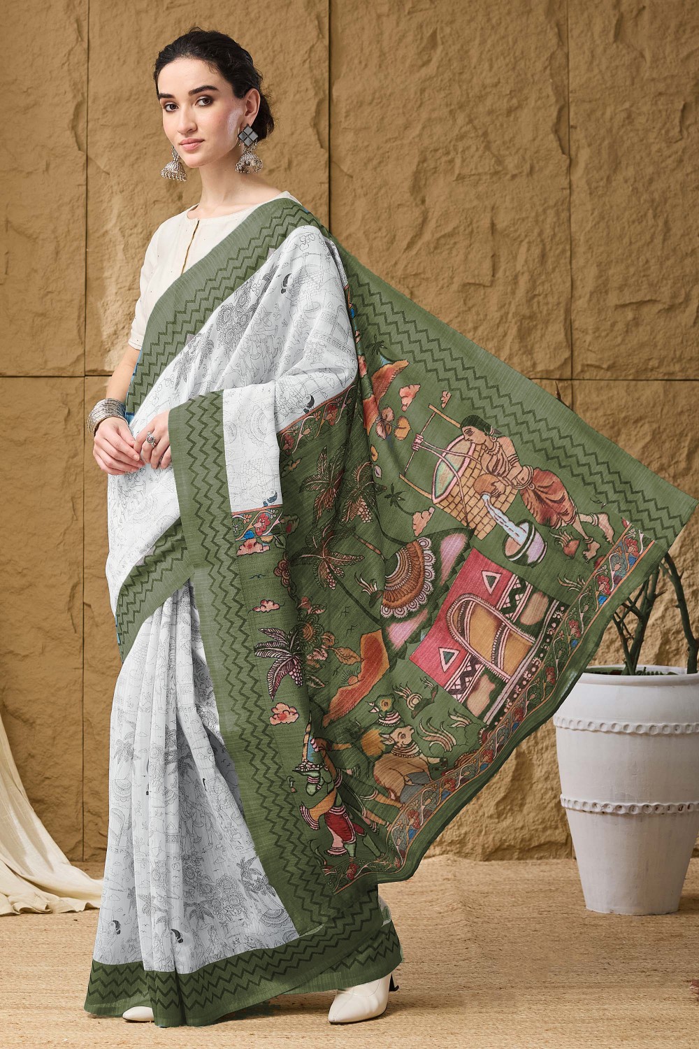 Green Floral Printed Silk Ready To Wear Saree