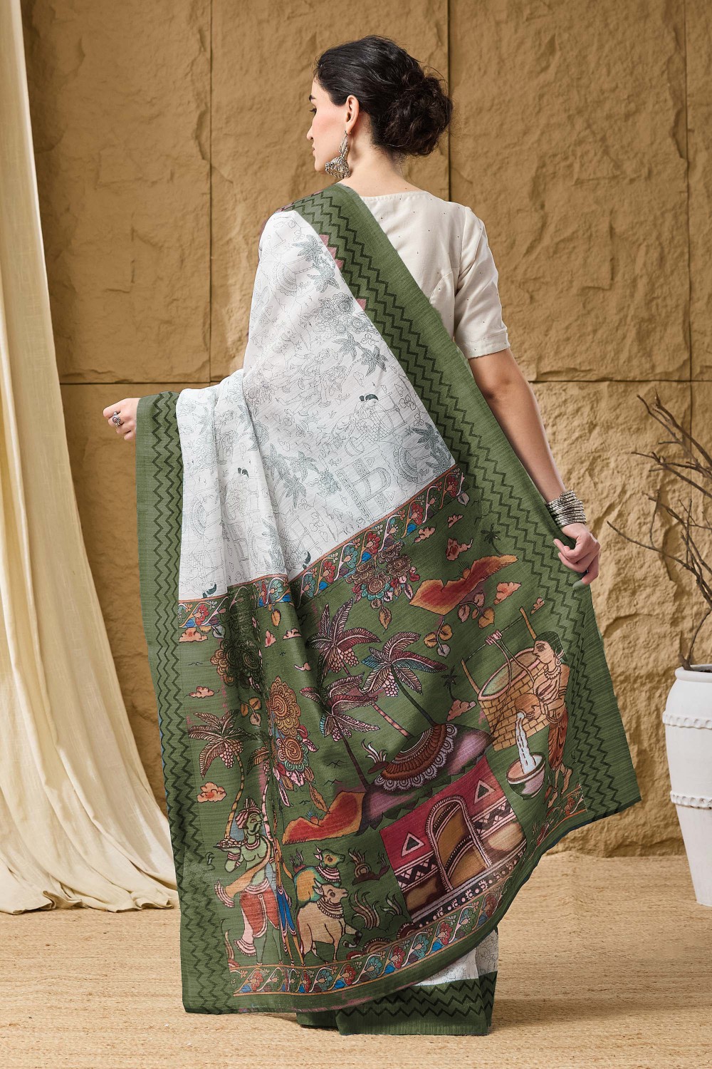 Green Floral Printed Silk Ready To Wear Saree — alternate view