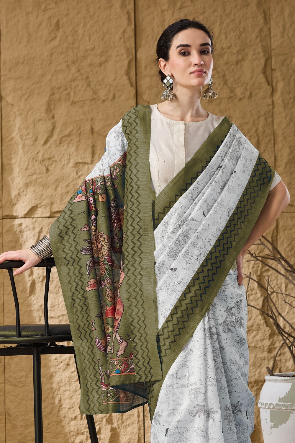 Green Floral Printed Silk Ready To Wear Saree