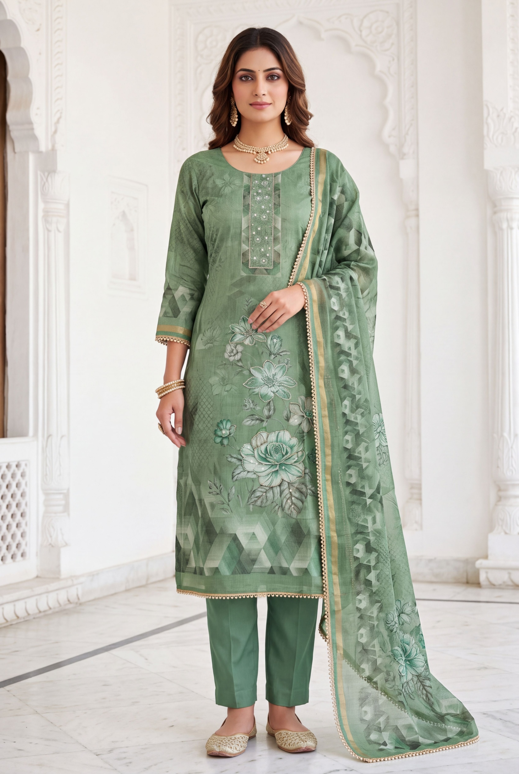 Green Floral Printed Simmer Linen Cotton Straight Suit