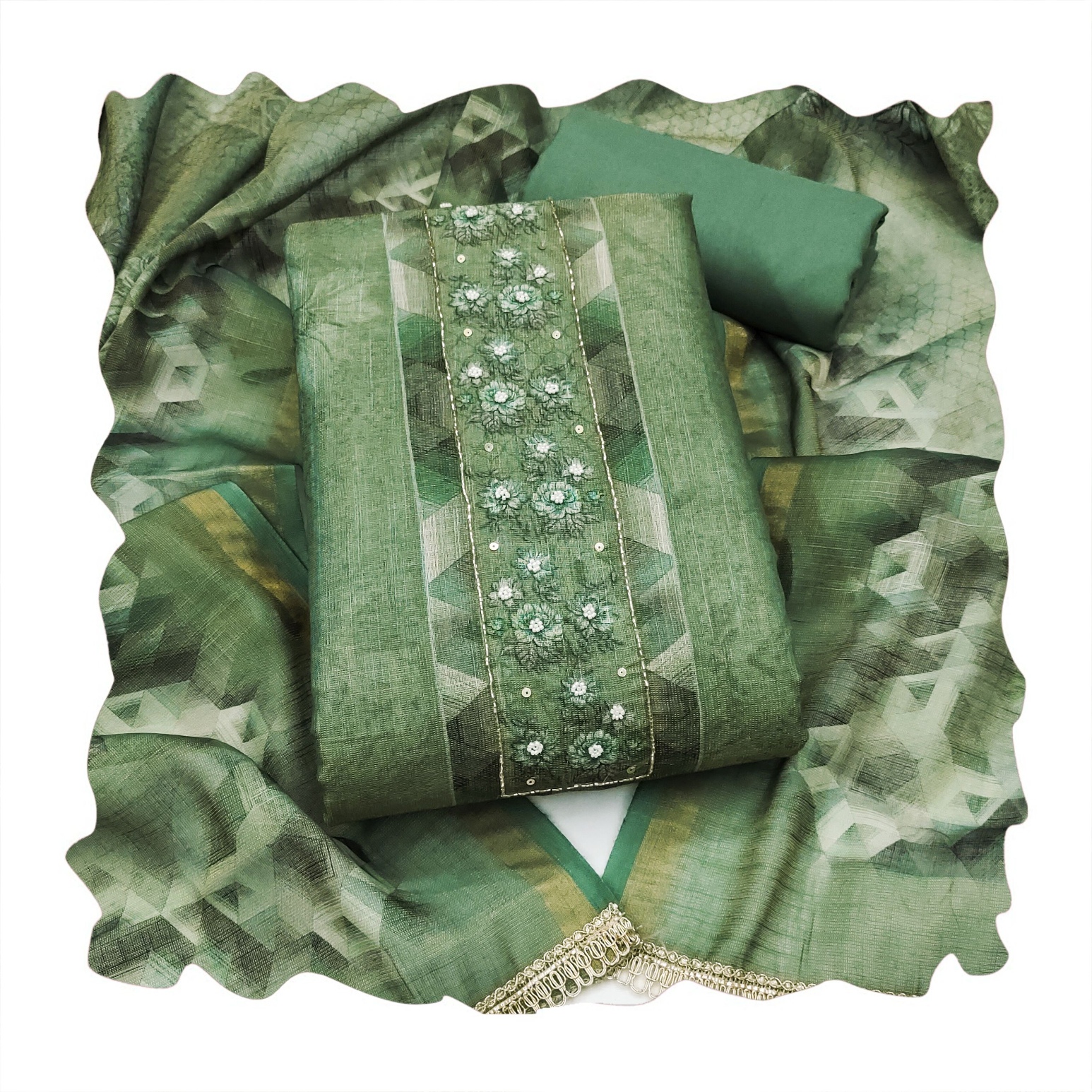 Green Floral Printed Simmer Linen Cotton Straight Suit — alternate view